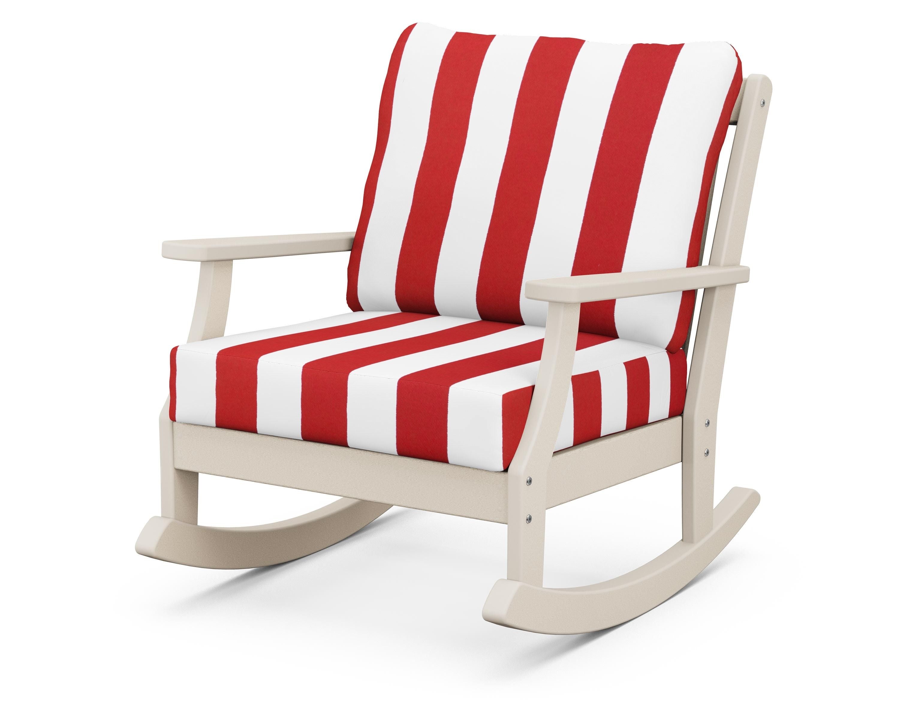 POLYWOOD® Braxton Deep Seating Rocking Chair in Sand / Cabana Stripe Crimson