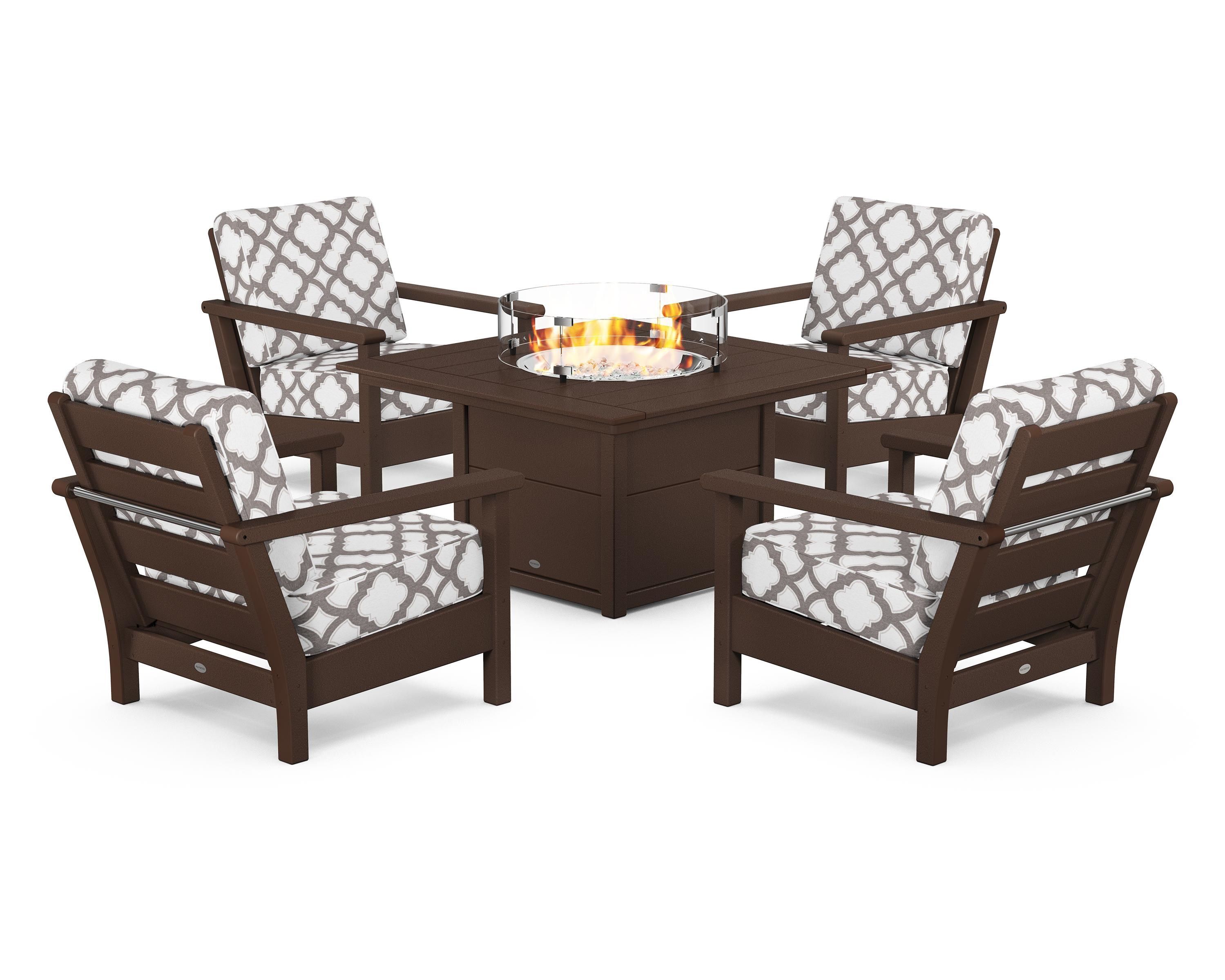 POLYWOOD® Harbour 5-Piece Conversation Set with Fire Pit Table in Mahogany / Trellis Grey Mist