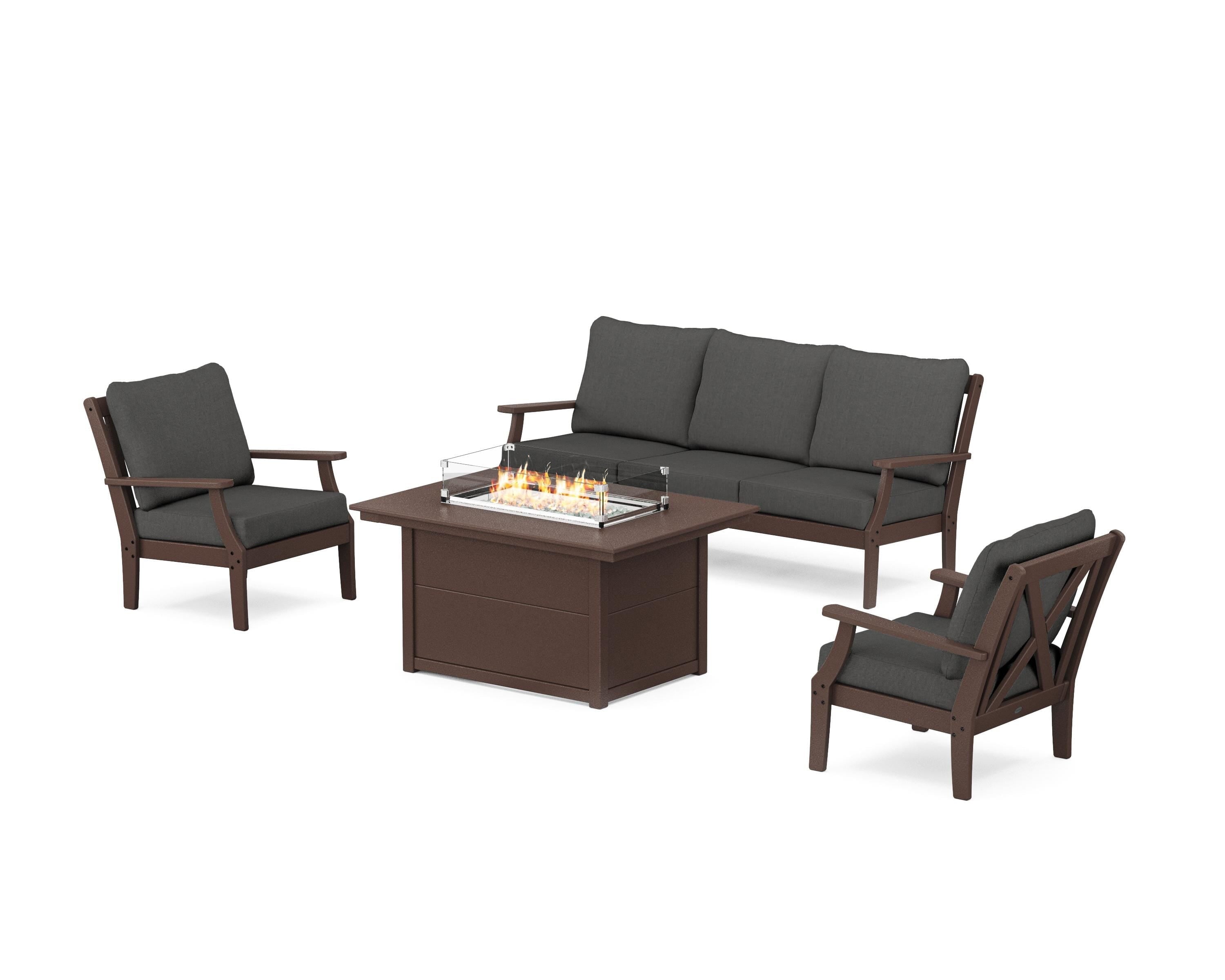 POLYWOOD® Braxton Deep Seating Fire Pit Table Set in Mahogany / Spectrum Carbon