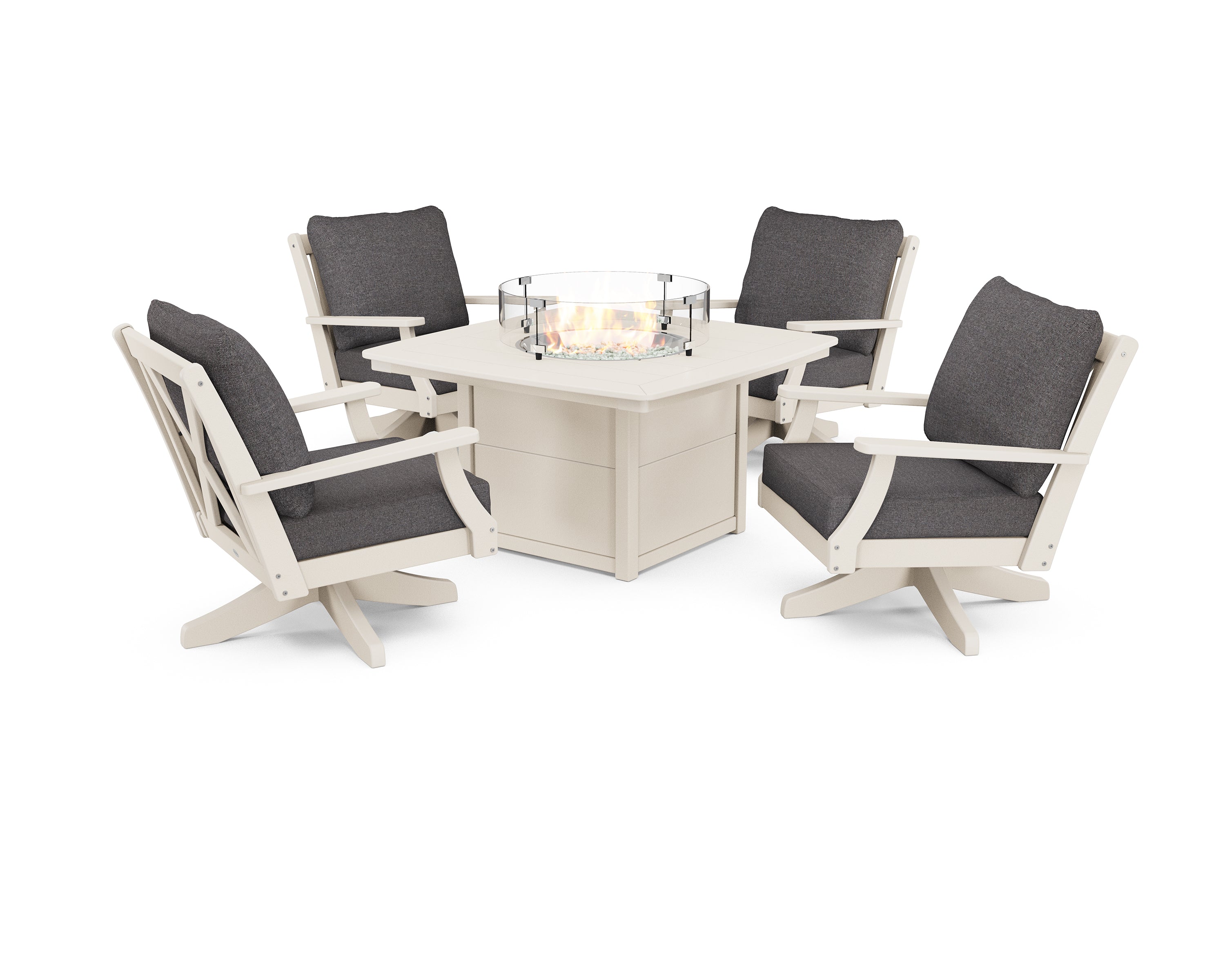 POLYWOOD® Braxton 5-Piece Deep Seating Swivel Conversation Set with Fire Pit Table in Sand / Ash Charcoal
