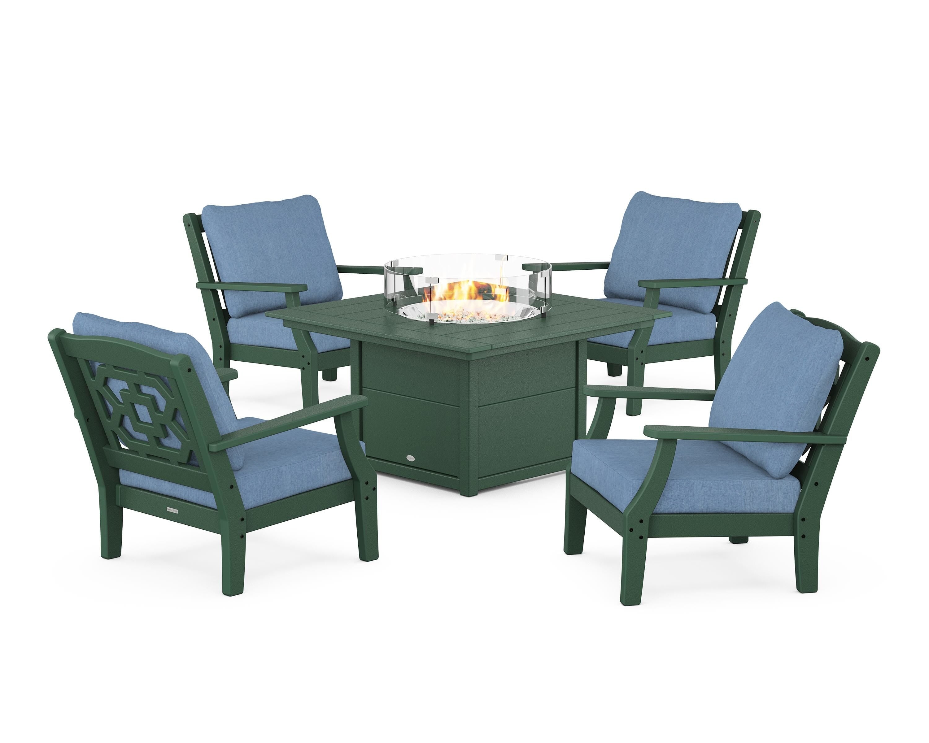 Martha Stewart by POLYWOOD® Chinoiserie 5-Piece Deep Seating Set with Fire Pit Table in Green / Sky Blue