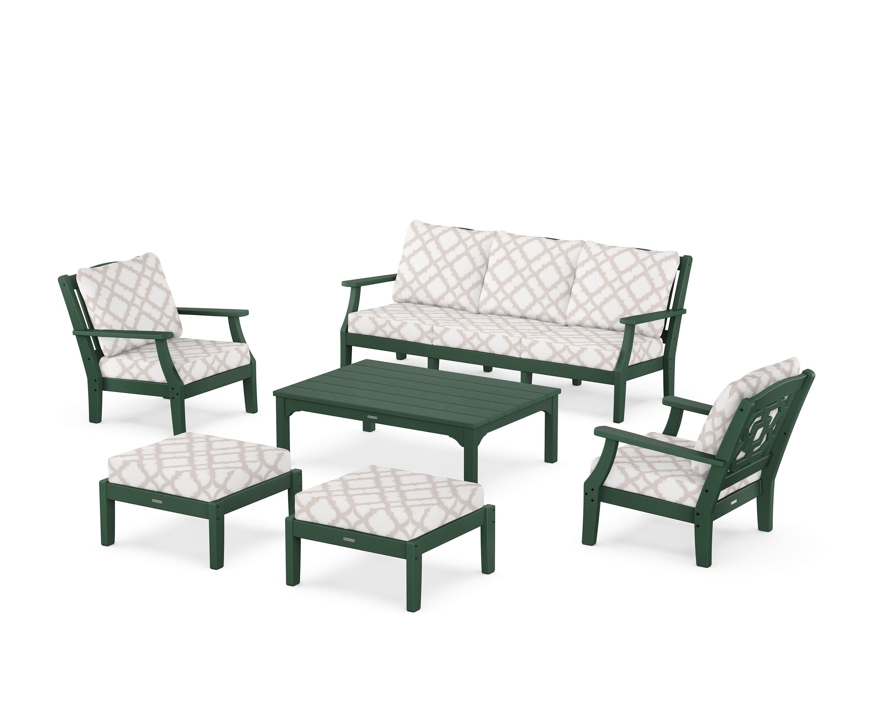 Martha Stewart by POLYWOOD® Chinoiserie 6-Piece Lounge Sofa Set in Green / Trellis Dune Burlap