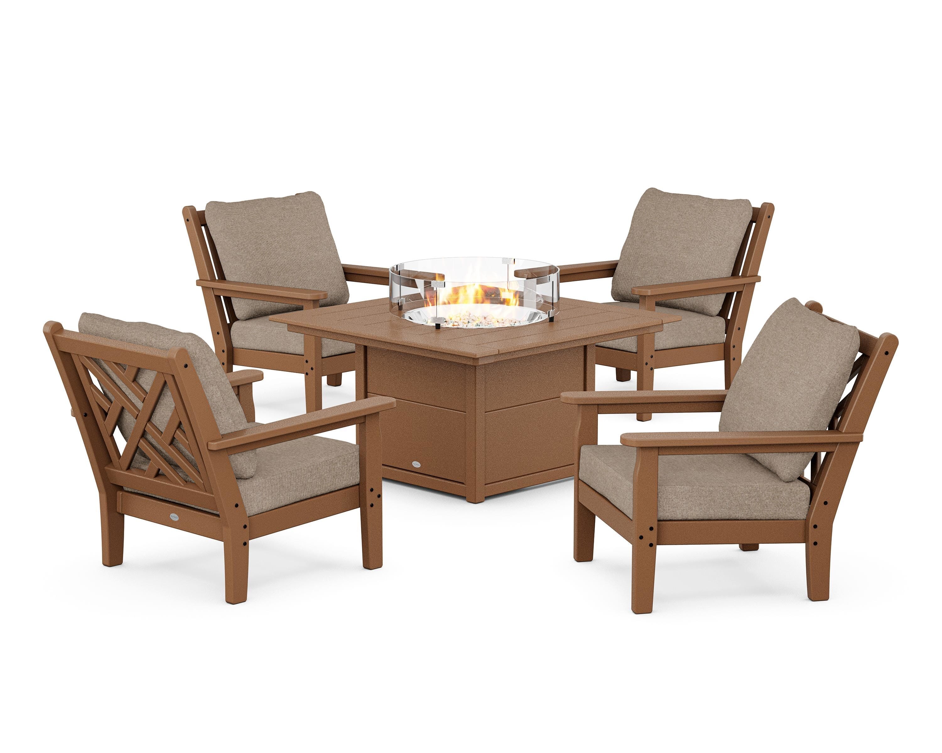 POLYWOOD® Chippendale 5-Piece Deep Seating Set with Fire Pit Table in Teak / Spiced Burlap