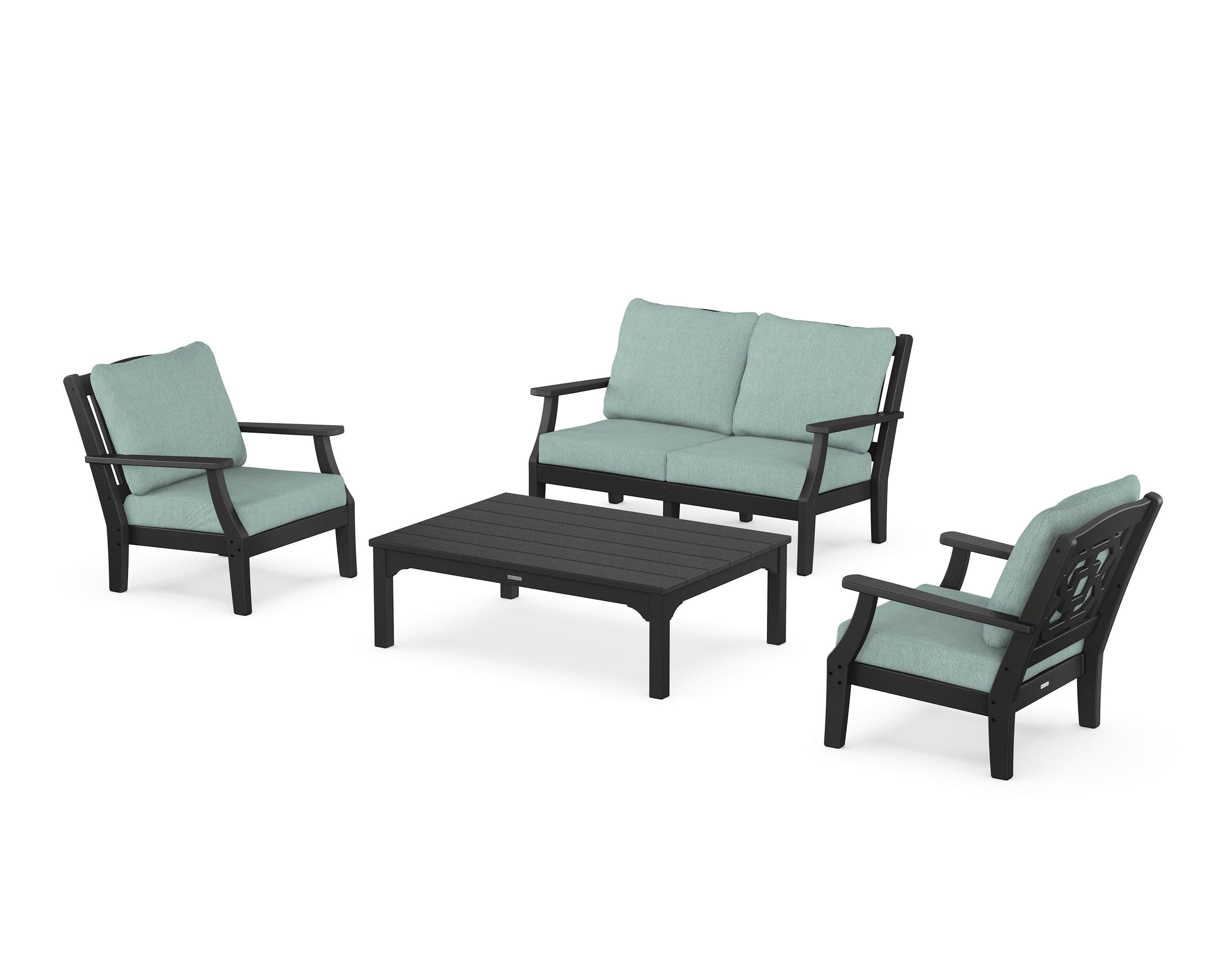 Martha Stewart by POLYWOOD® Chinoiserie 4-Piece Deep Seating Set with Loveseat in Black / Glacier Spa