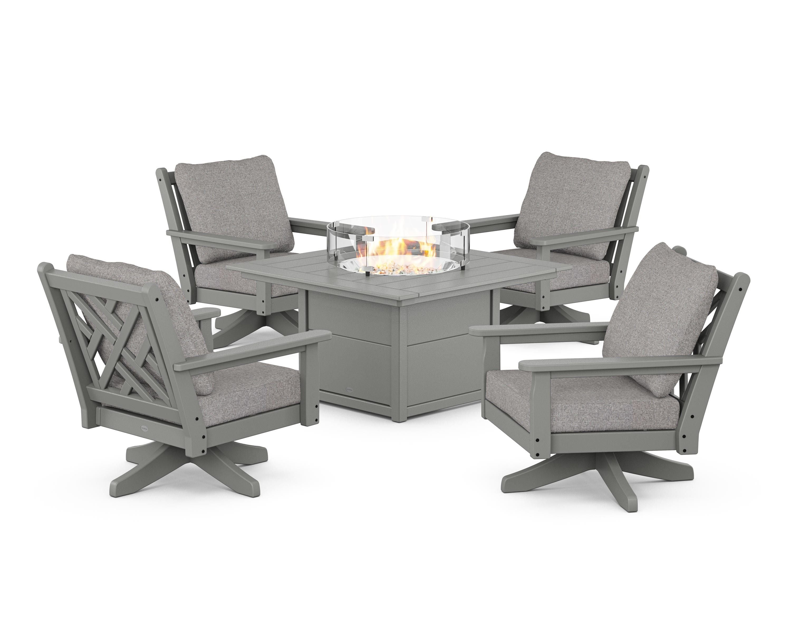 POLYWOOD® Chippendale 5-Piece Deep Seating Swivel Conversation Set with Fire Pit Table in Slate Grey / Grey Mist