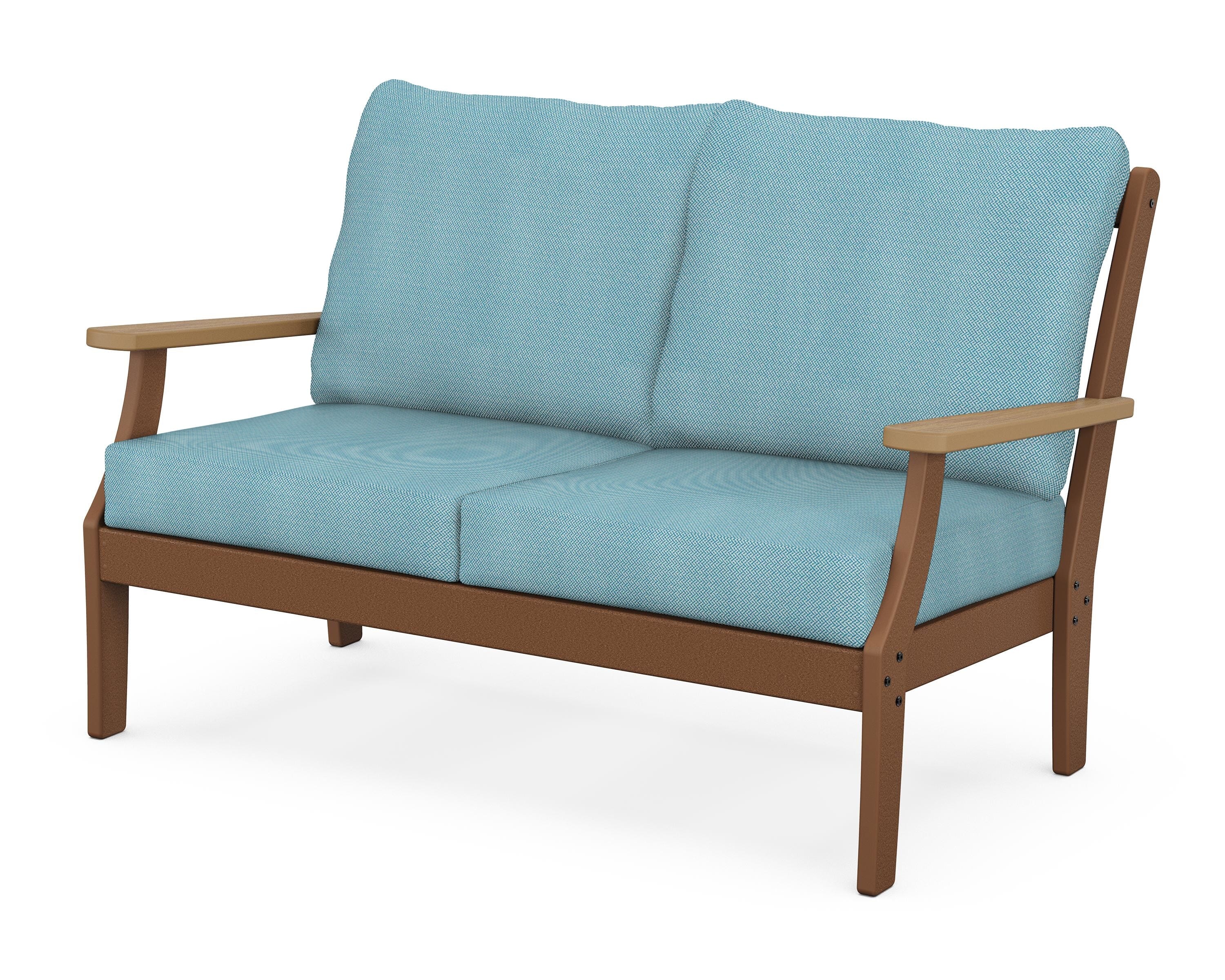 POLYWOOD® Braxton Deep Seating Loveseat in Teak / Natural / Lattice Sky Blue