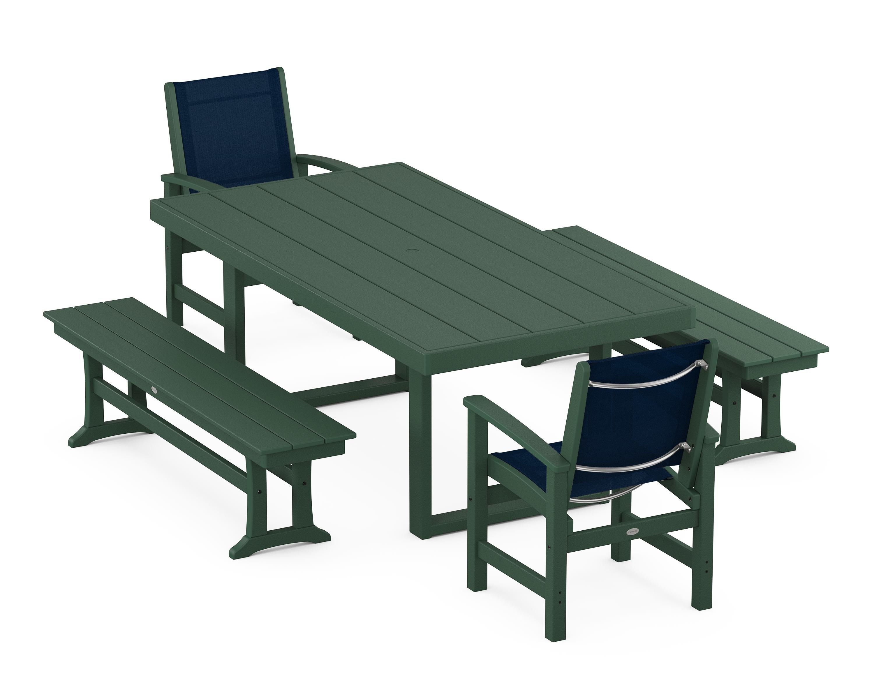 POLYWOOD® Coastal 5-Piece Dining Set with Trestle Legs in Green / Navy Blue Sling
