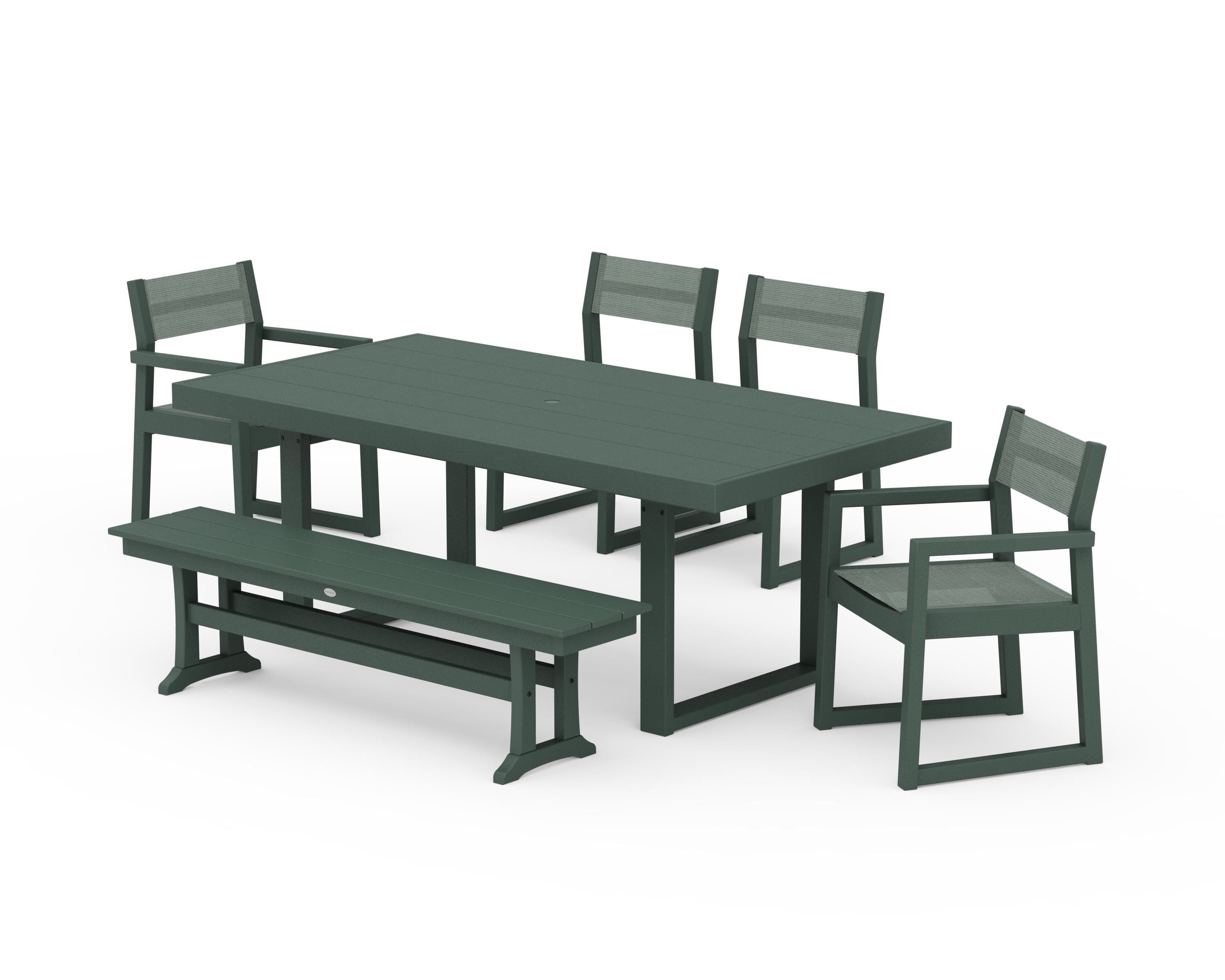 POLYWOOD® EDGE Sling 6-Piece Dining Set with Bench in Green / Dupioni Sea Mist Sling