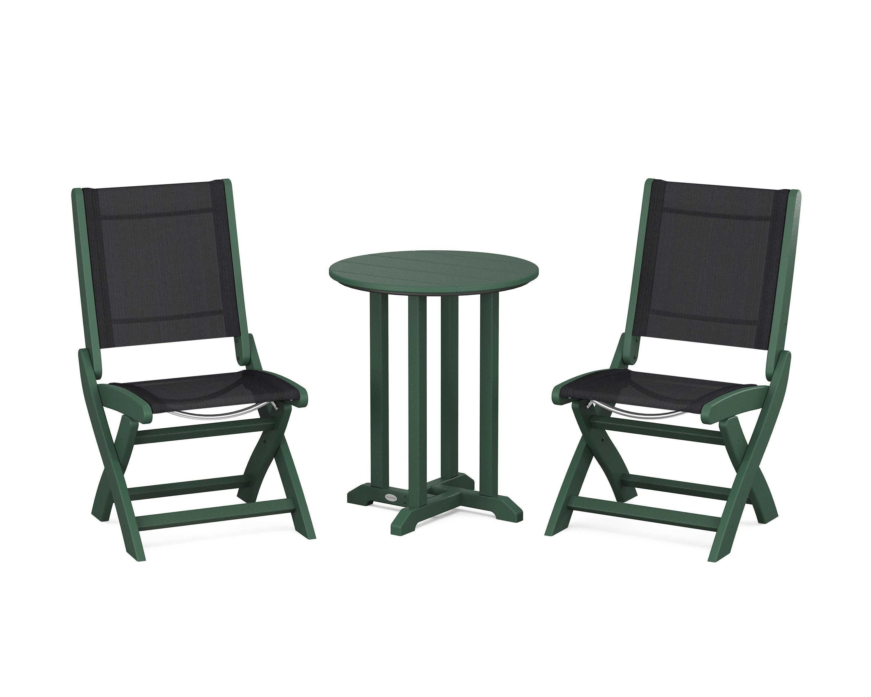 POLYWOOD® Coastal Folding Side Chair 3-Piece Round Bistro Dining Set in Green / Black Sling