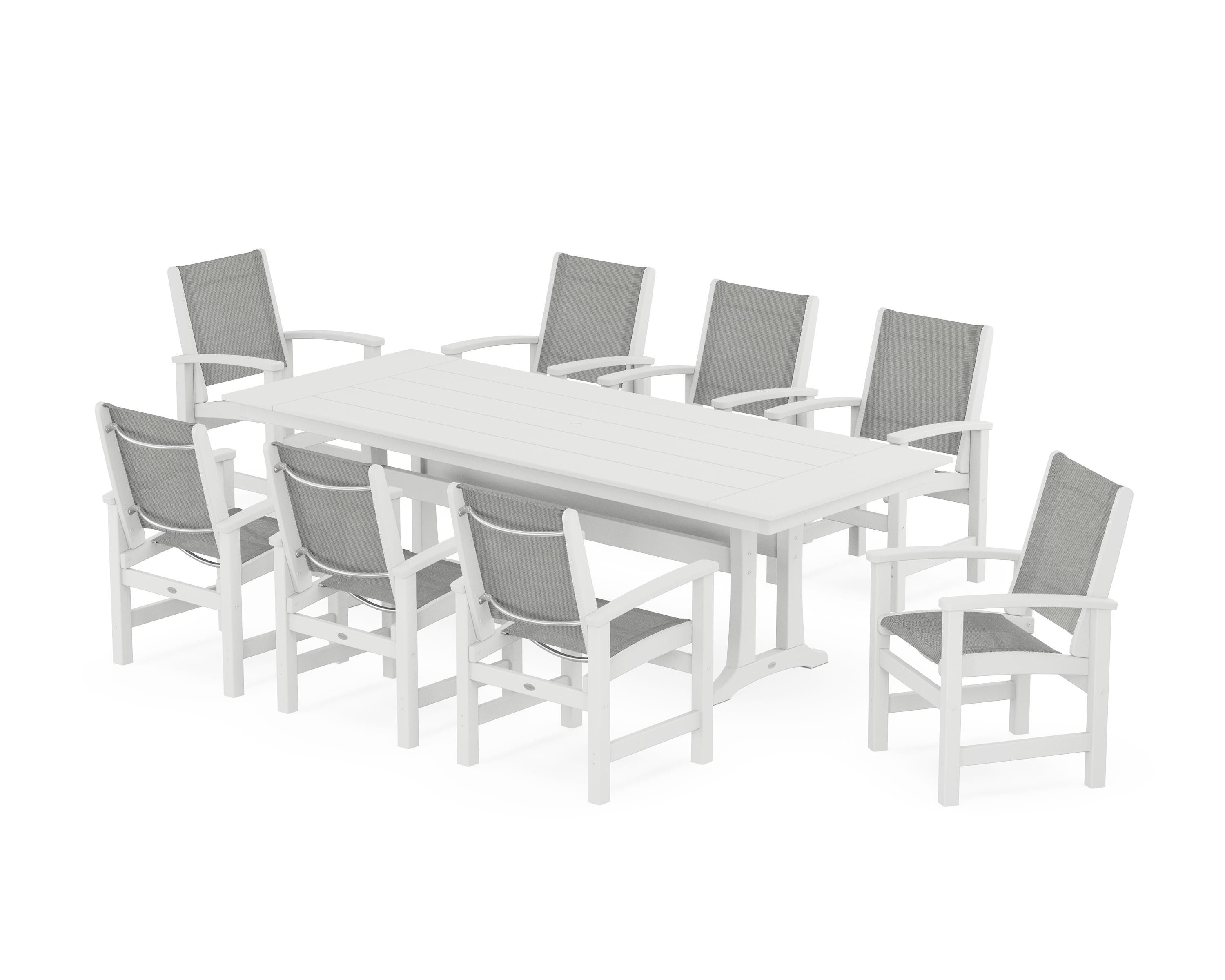 POLYWOOD® Coastal 9-Piece Farmhouse Dining Set with Trestle Legs in White / Metallic Sling