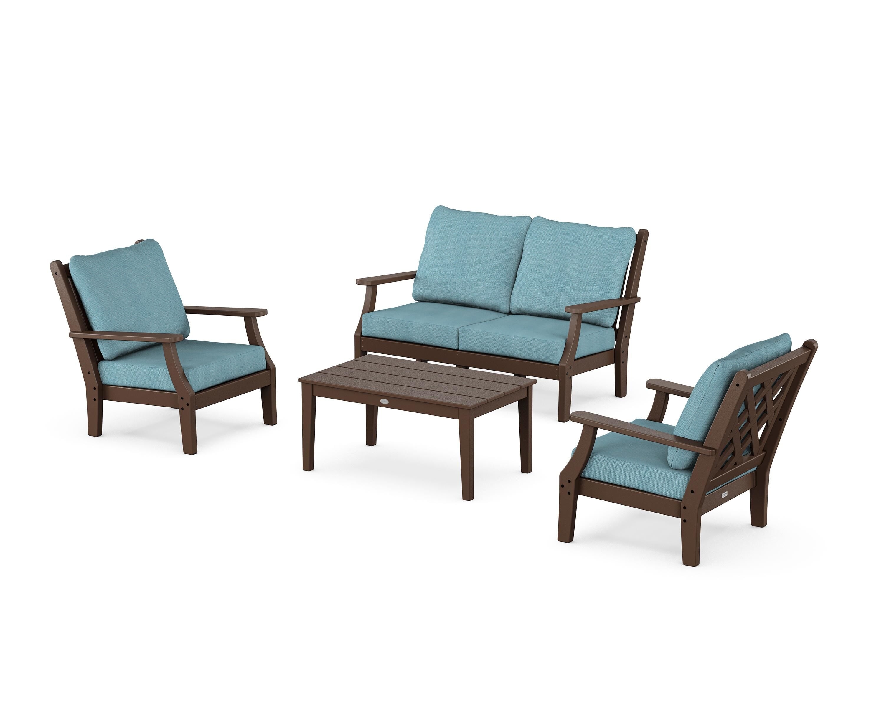 Country Living Wovendale 4-Piece Deep Seating Set with Loveseat in Mahogany / Lattice Sky Blue
