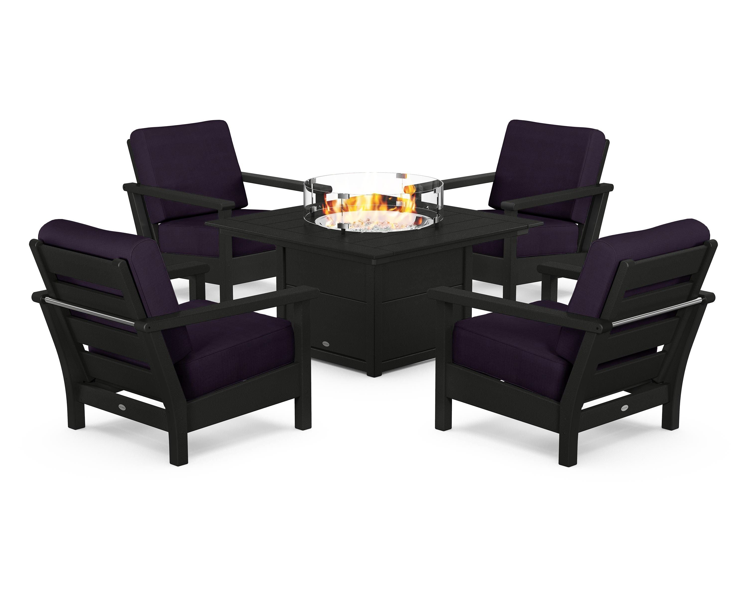 POLYWOOD® Harbour 5-Piece Conversation Set with Fire Pit Table in Black / Navy Linen