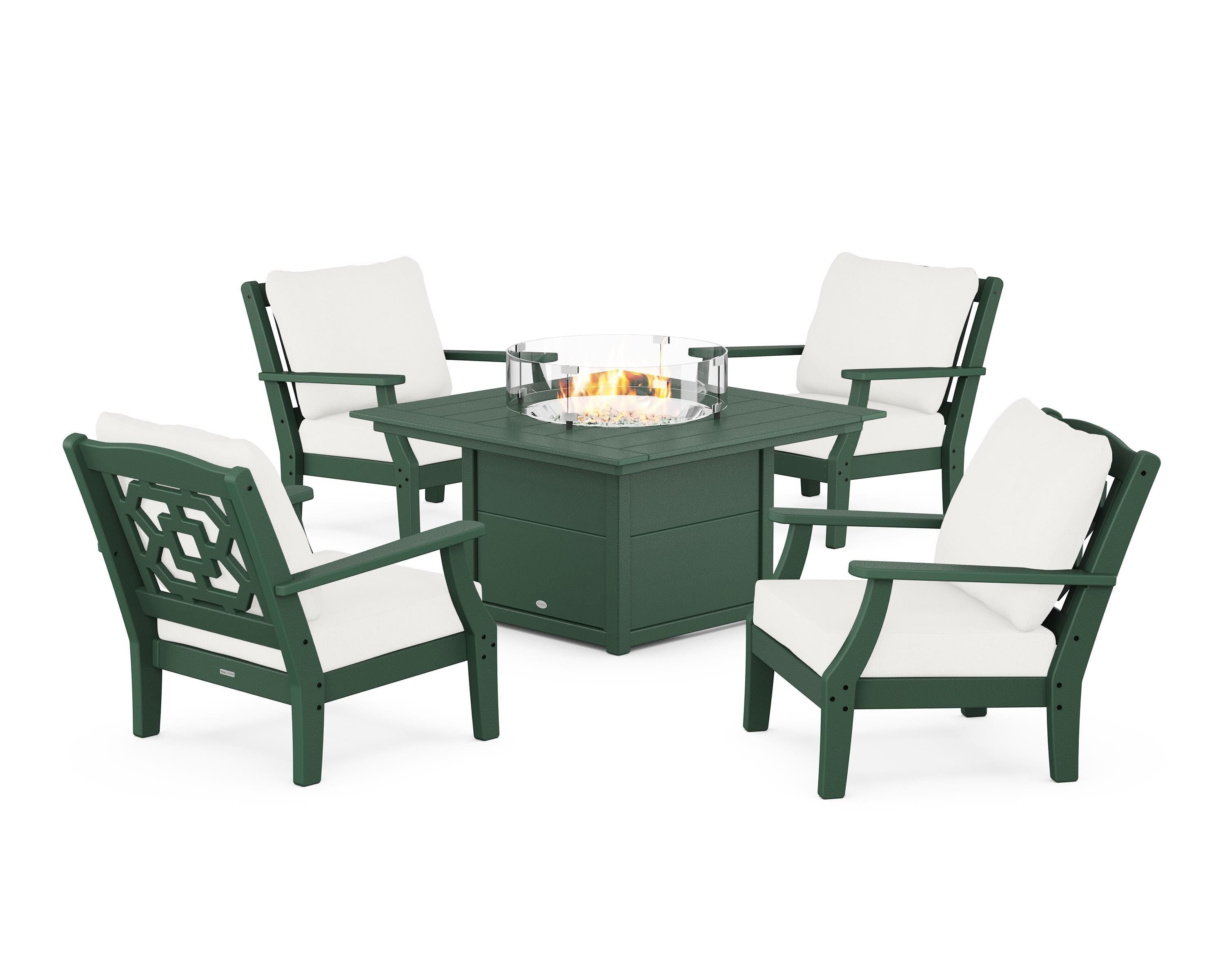 Martha Stewart by POLYWOOD® Chinoiserie 5-Piece Deep Seating Set with Fire Pit Table in Green / Natural Linen
