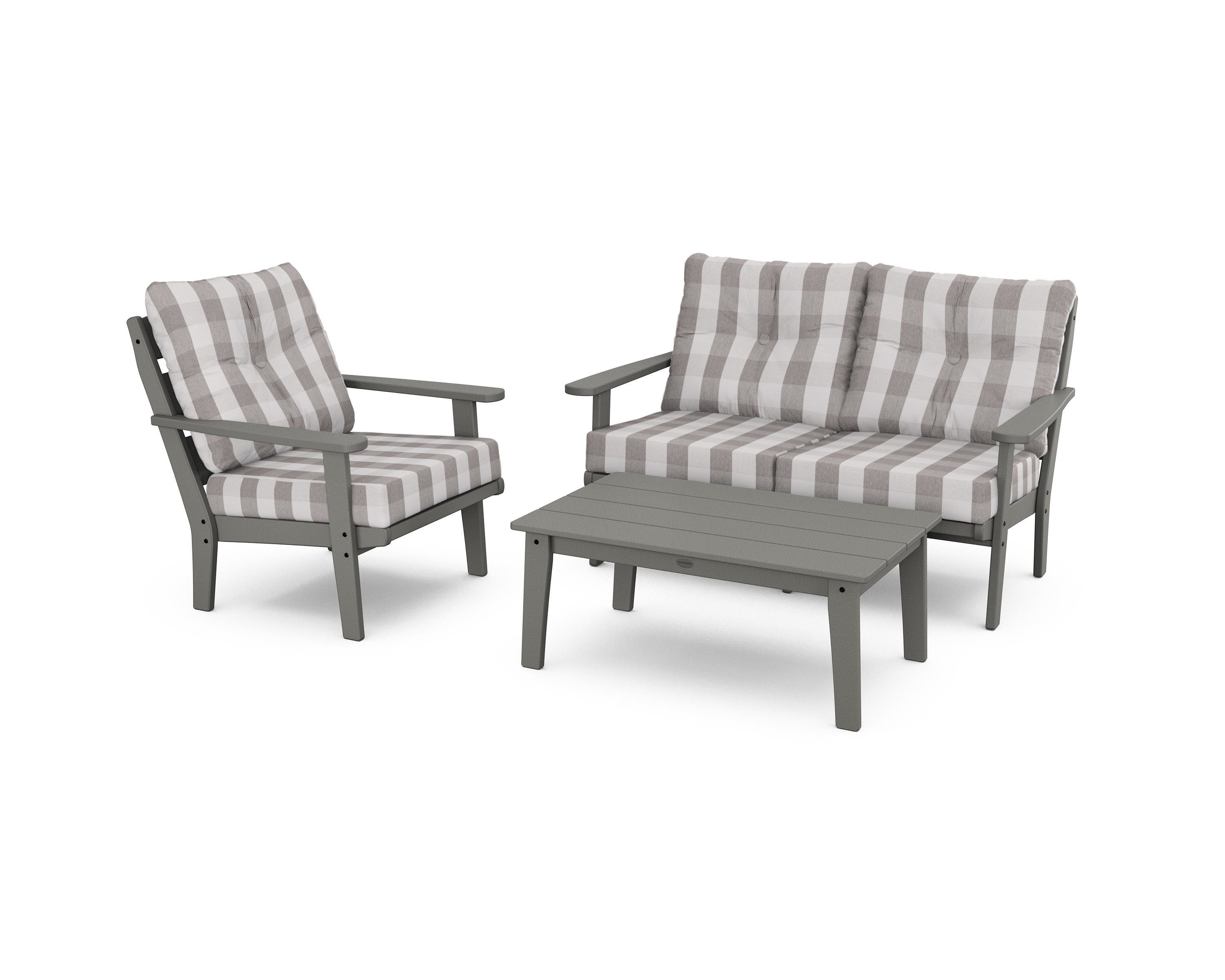 POLYWOOD® Lakeside 3-Piece Deep Seating Set in Slate Grey / Buffalo Plaid Grey Mist