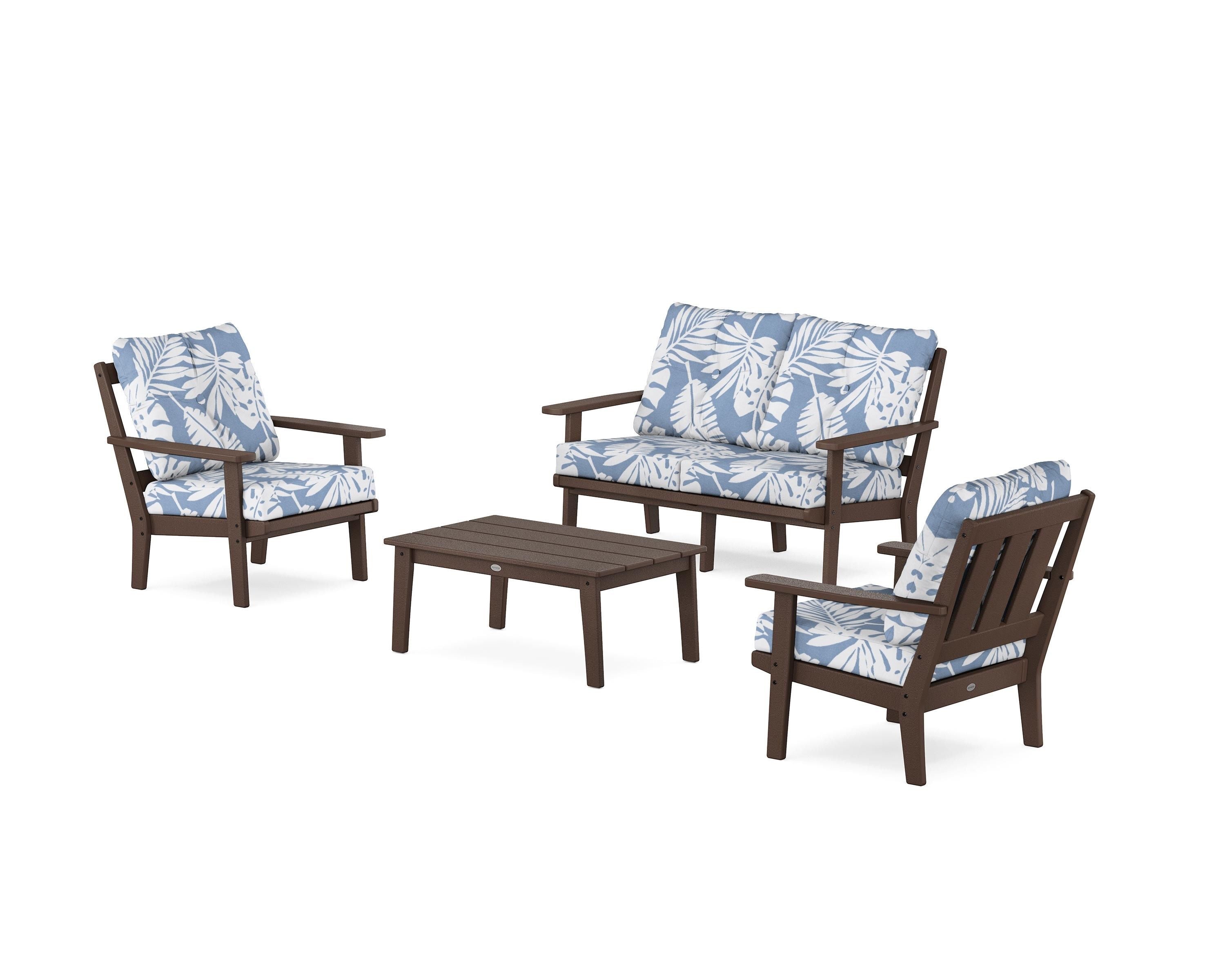 POLYWOOD® Oxford 4-Piece Deep Seating Set with Loveseat in Mahogany / Leaf Sky Blue
