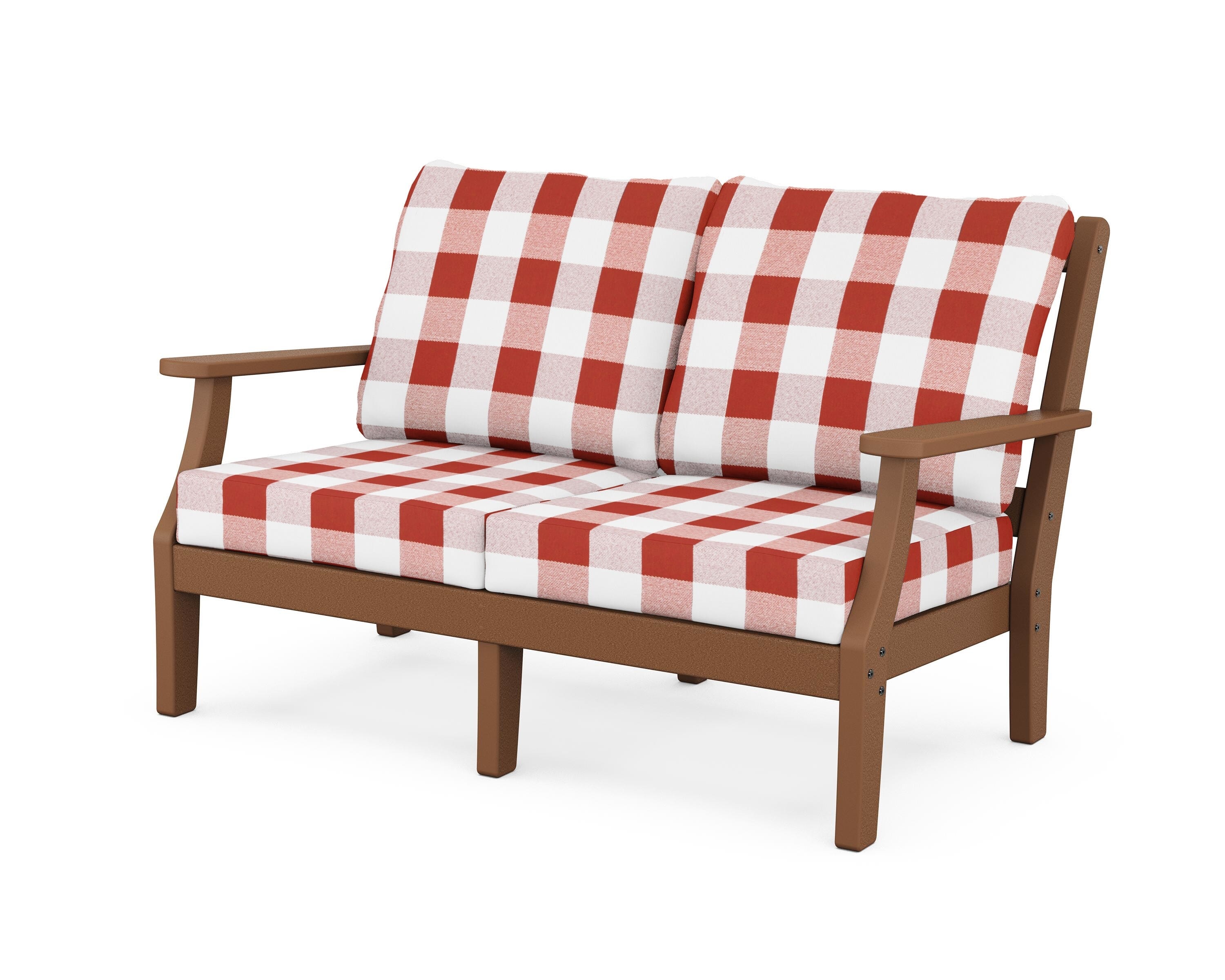 Martha Stewart by POLYWOOD® Chinoiserie Deep Seating Loveseat in Teak / Buffalo Plaid Crimson