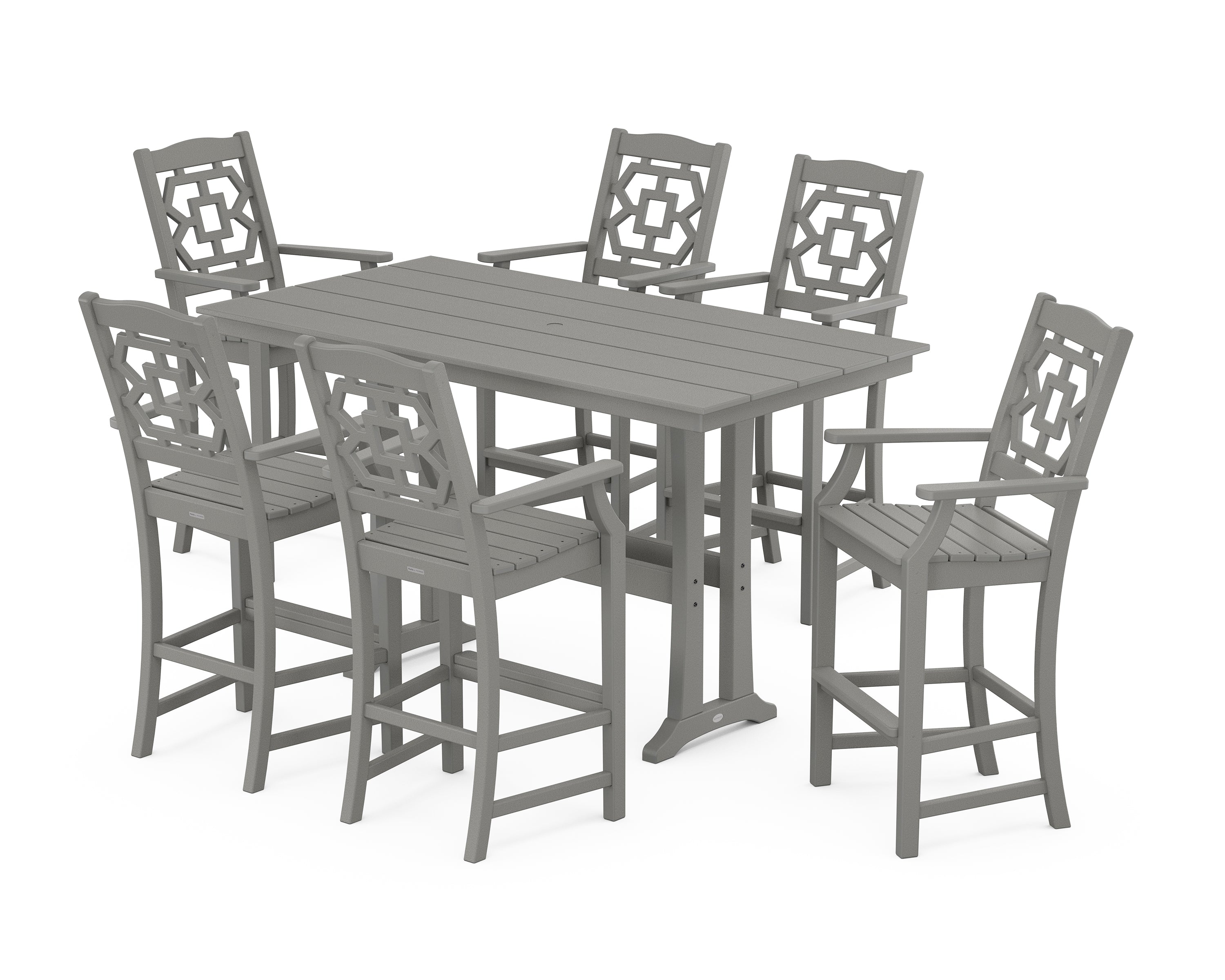 Martha Stewart by POLYWOOD® Chinoiserie Arm Chair 7-Piece Farmhouse Bar Set with Trestle Legs in Slate Grey