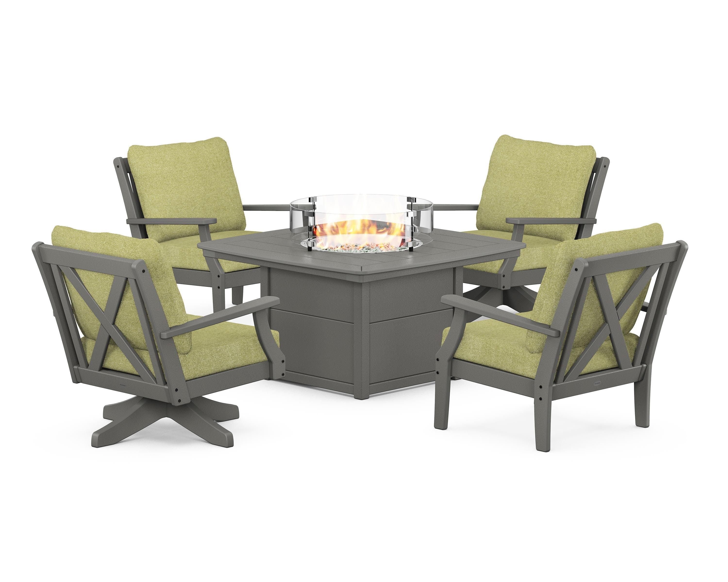 POLYWOOD® Braxton 5-Piece Deep Seating Set with Fire Table in Slate Grey / Chartreuse Boucle