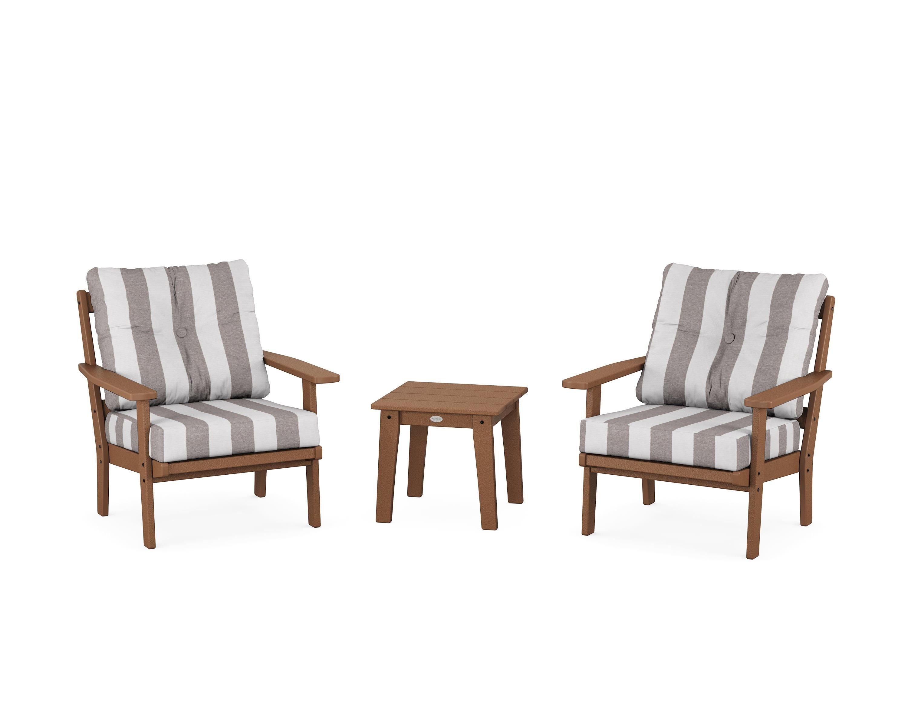 POLYWOOD® Prairie 3-Piece Deep Seating Set in Teak / Cabana Stripe Grey Mist