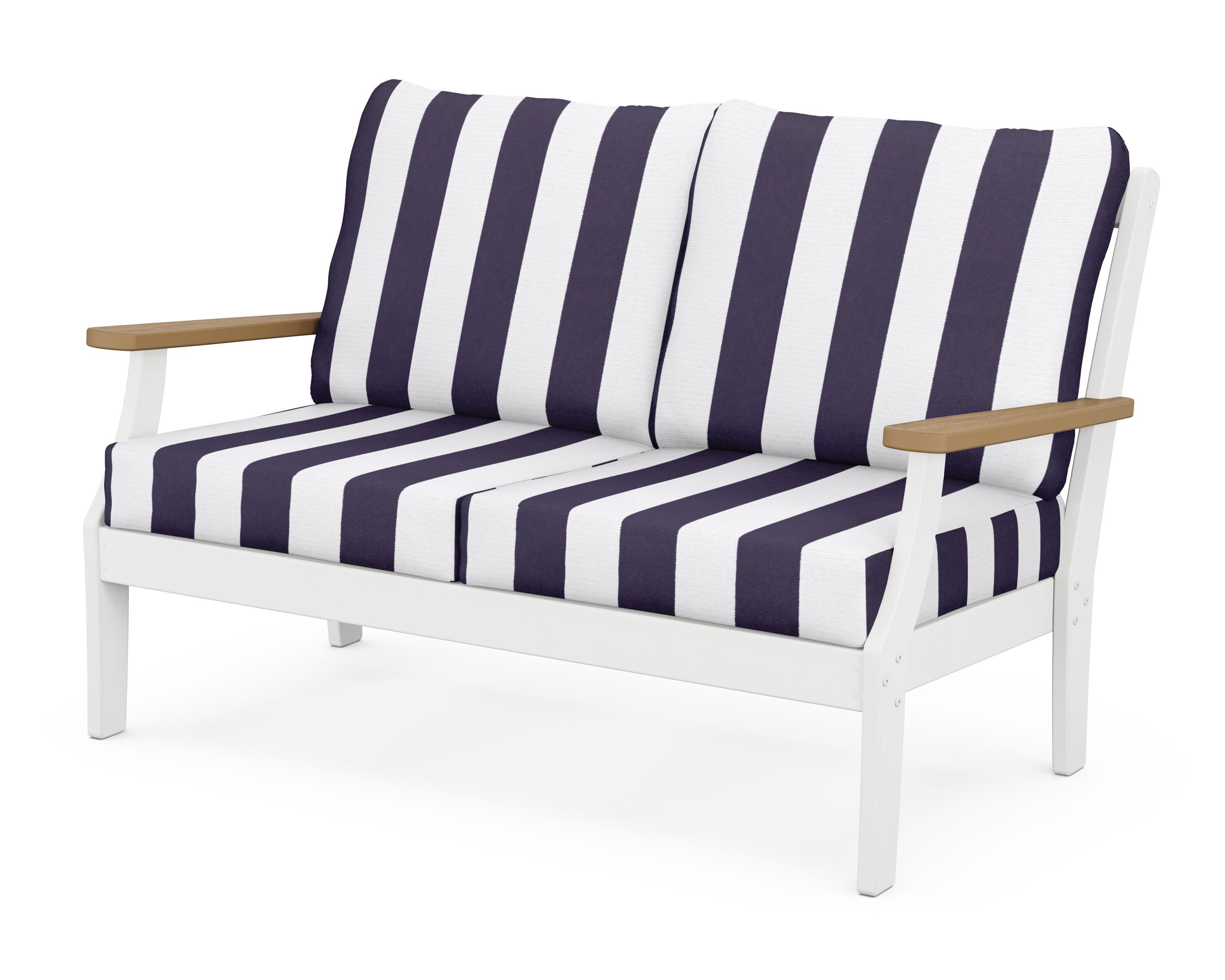 POLYWOOD® Braxton Deep Seating Loveseat in White / Natural / Cabana Stripe Navy