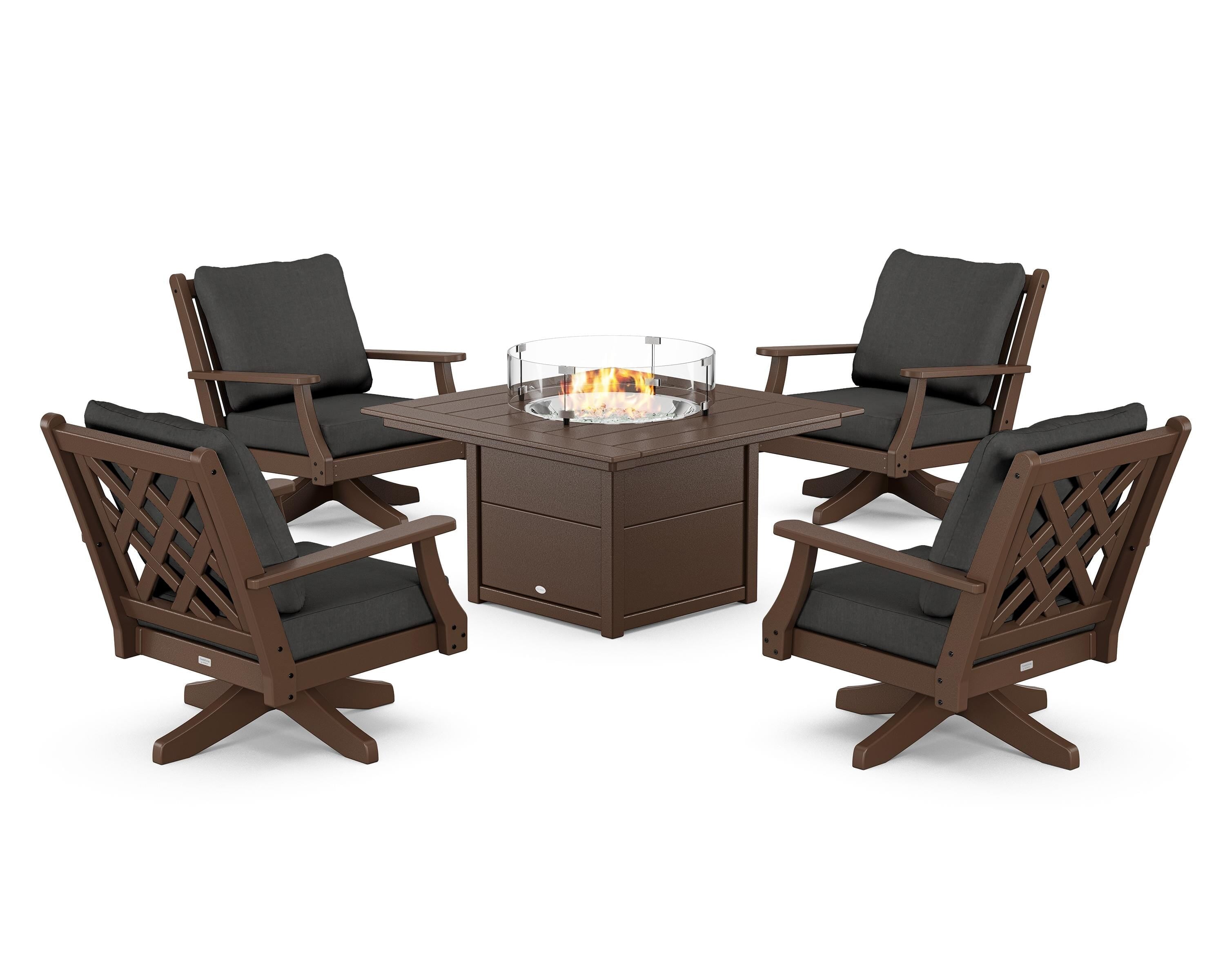 Country Living Wovendale 5-Piece Deep Seating Swivel Conversation Set with Fire Pit Table in Mahogany / Spectrum Carbon