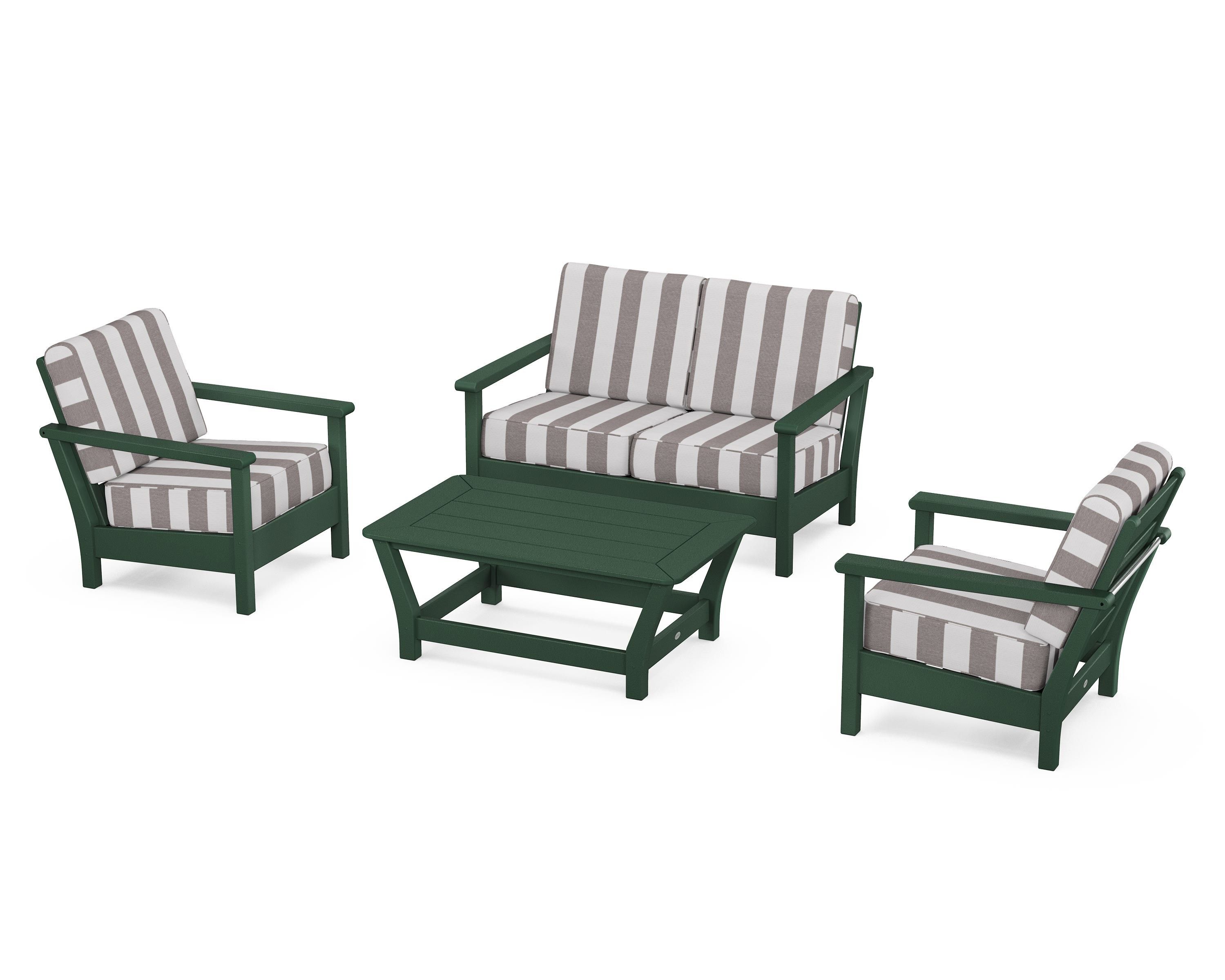 POLYWOOD® Harbour 4-Piece Deep Seating Set in Green / Cabana Stripe Grey Mist