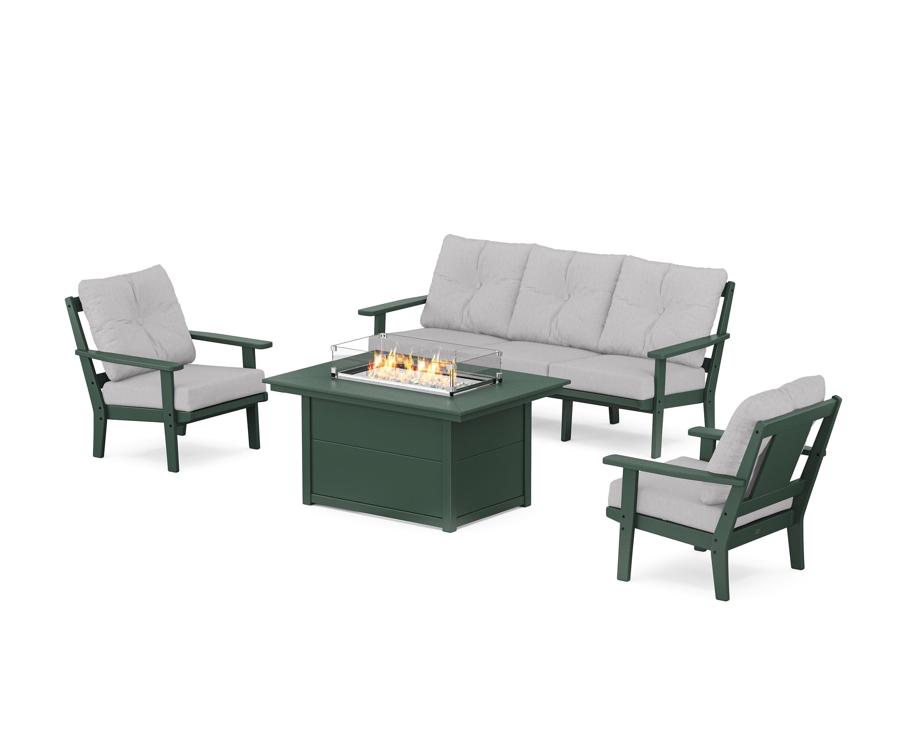 POLYWOOD® Prairie Deep Seating Fire Pit Table Set in Green / Granite