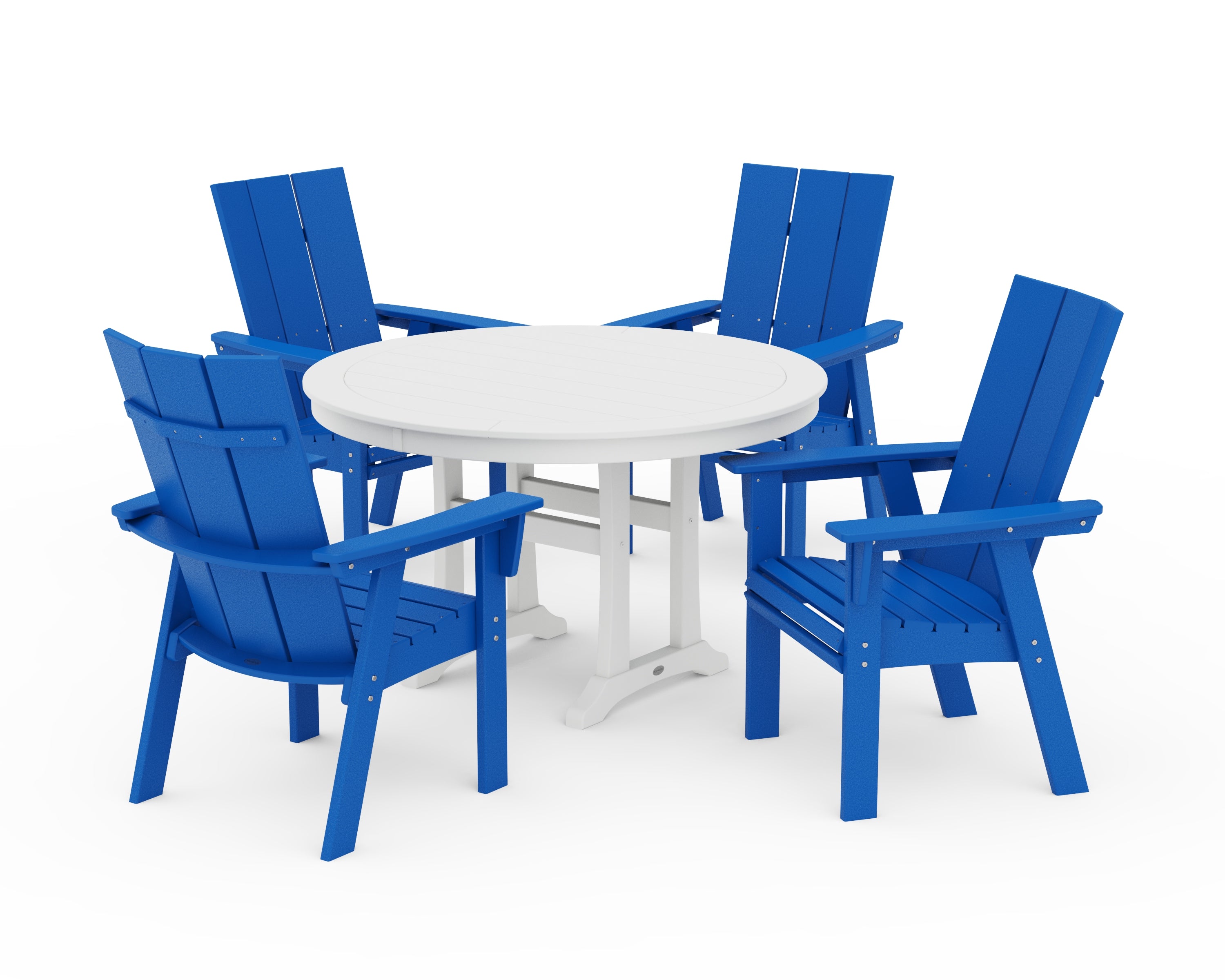 POLYWOOD® Modern Curveback Adirondack 5-Piece Nautical Trestle Dining Set in Pacific Blue / White