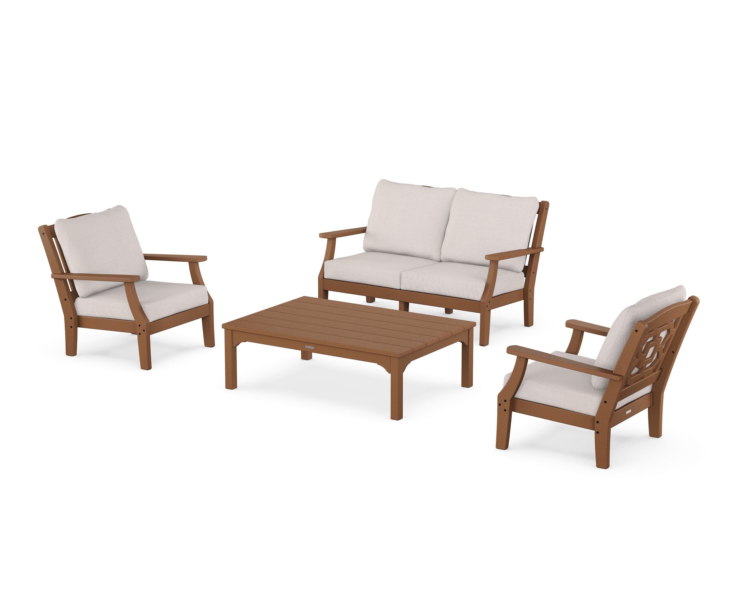Martha Stewart by POLYWOOD® Chinoiserie 4-Piece Deep Seating Set with Loveseat in Teak / Dune Burlap