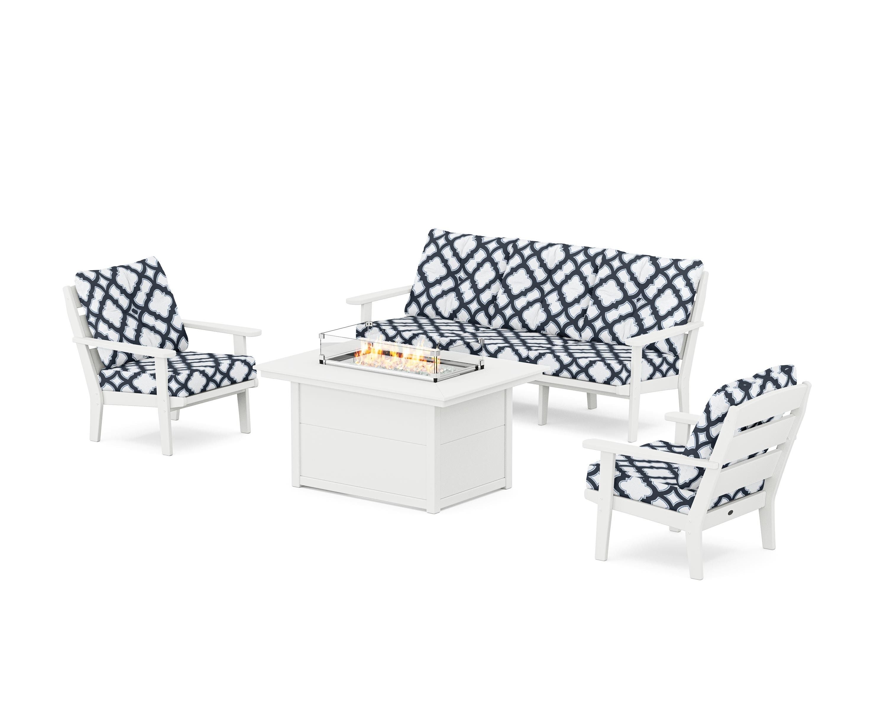 POLYWOOD® Lakeside Deep Seating Fire Pit Table Set in White / Trellis Marine Indigo