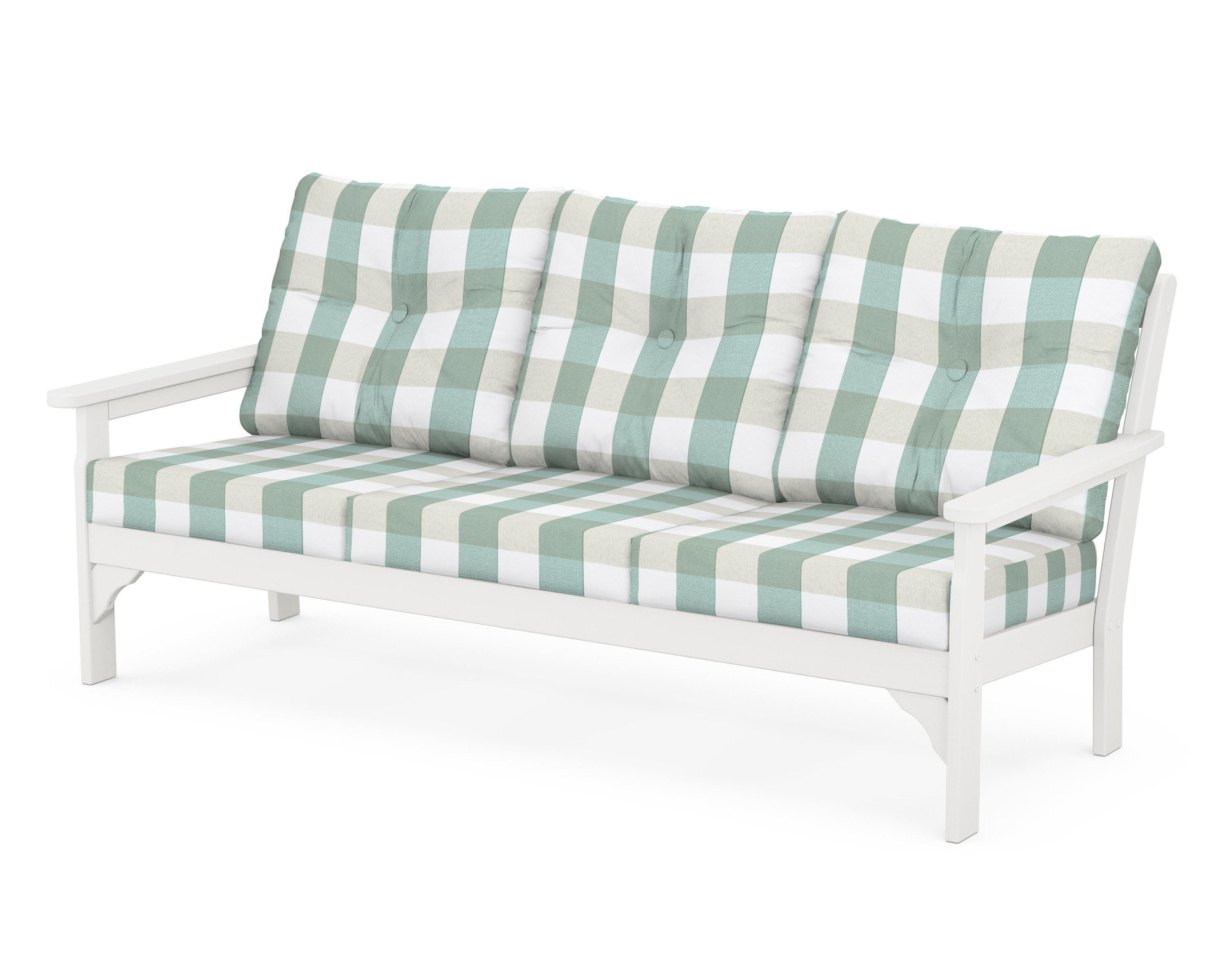 POLYWOOD® Vineyard Deep Seating Sofa in Vintage White / Buffalo Plaid Glacier Spa