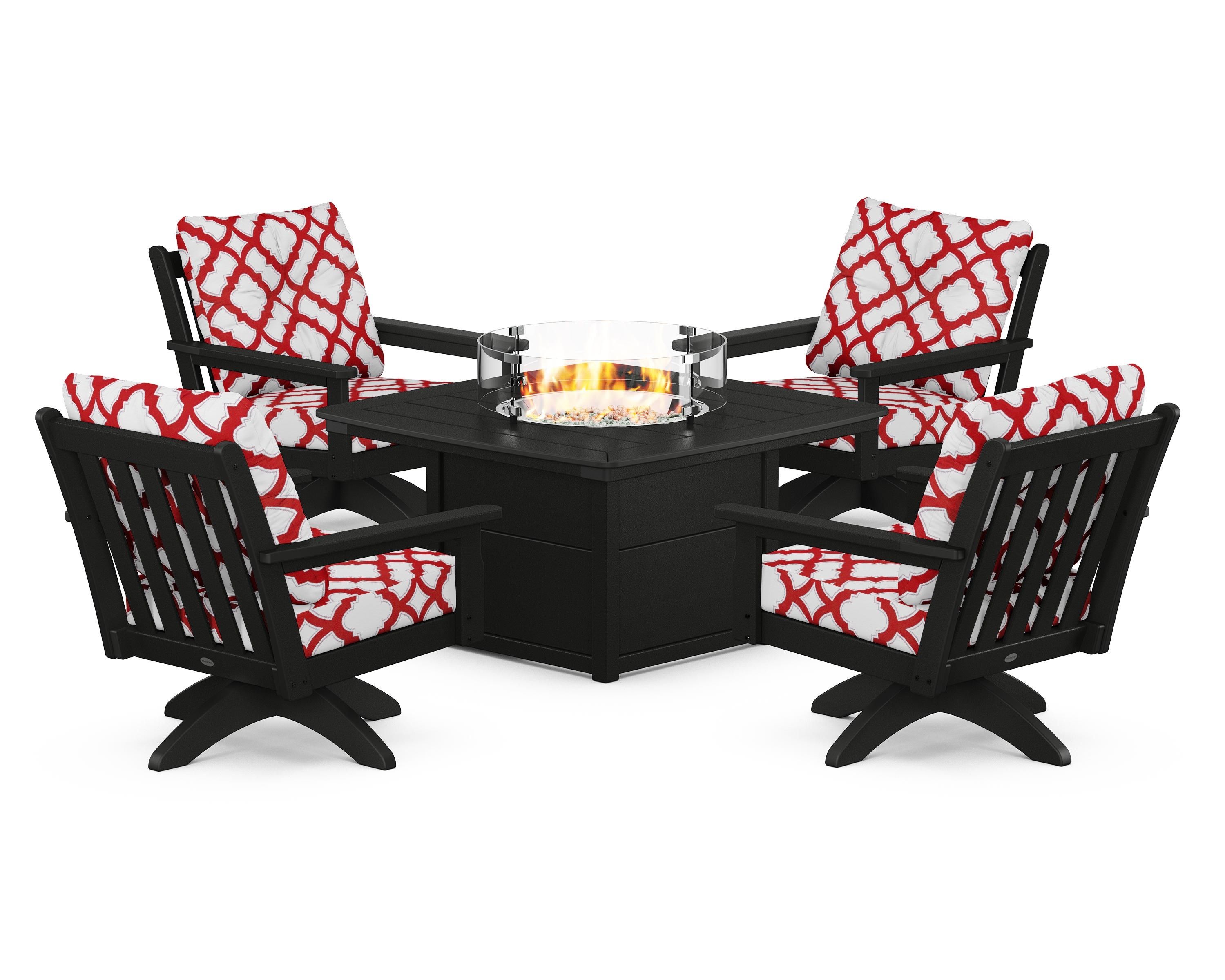 POLYWOOD® Vineyard 5-Piece Deep Seating Swivel Conversation Set with Fire Pit Table in Black / Trellis Crimson