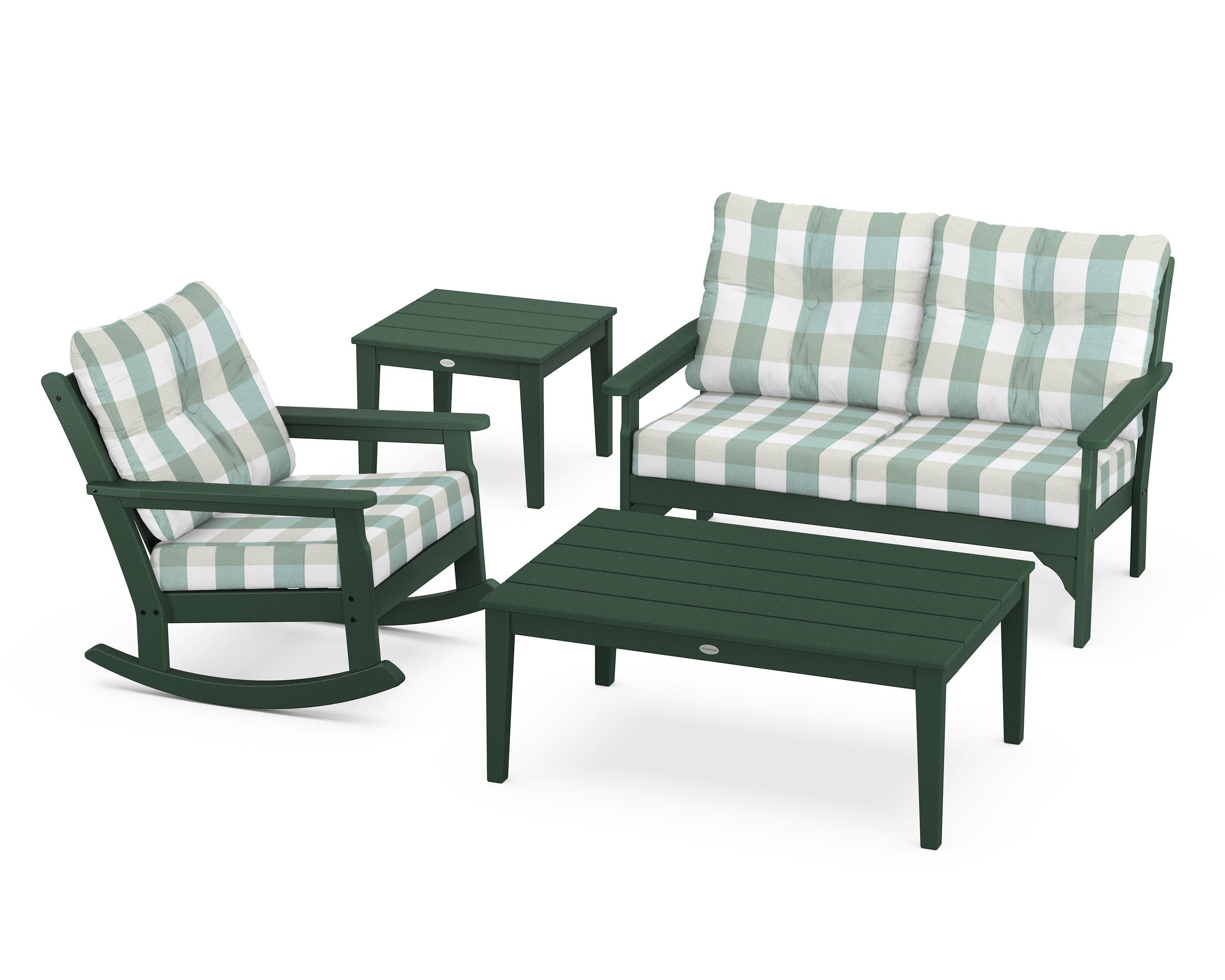 POLYWOOD® Vineyard 4-Piece Deep Seating Rocker Set in Green / Buffalo Plaid Glacier Spa