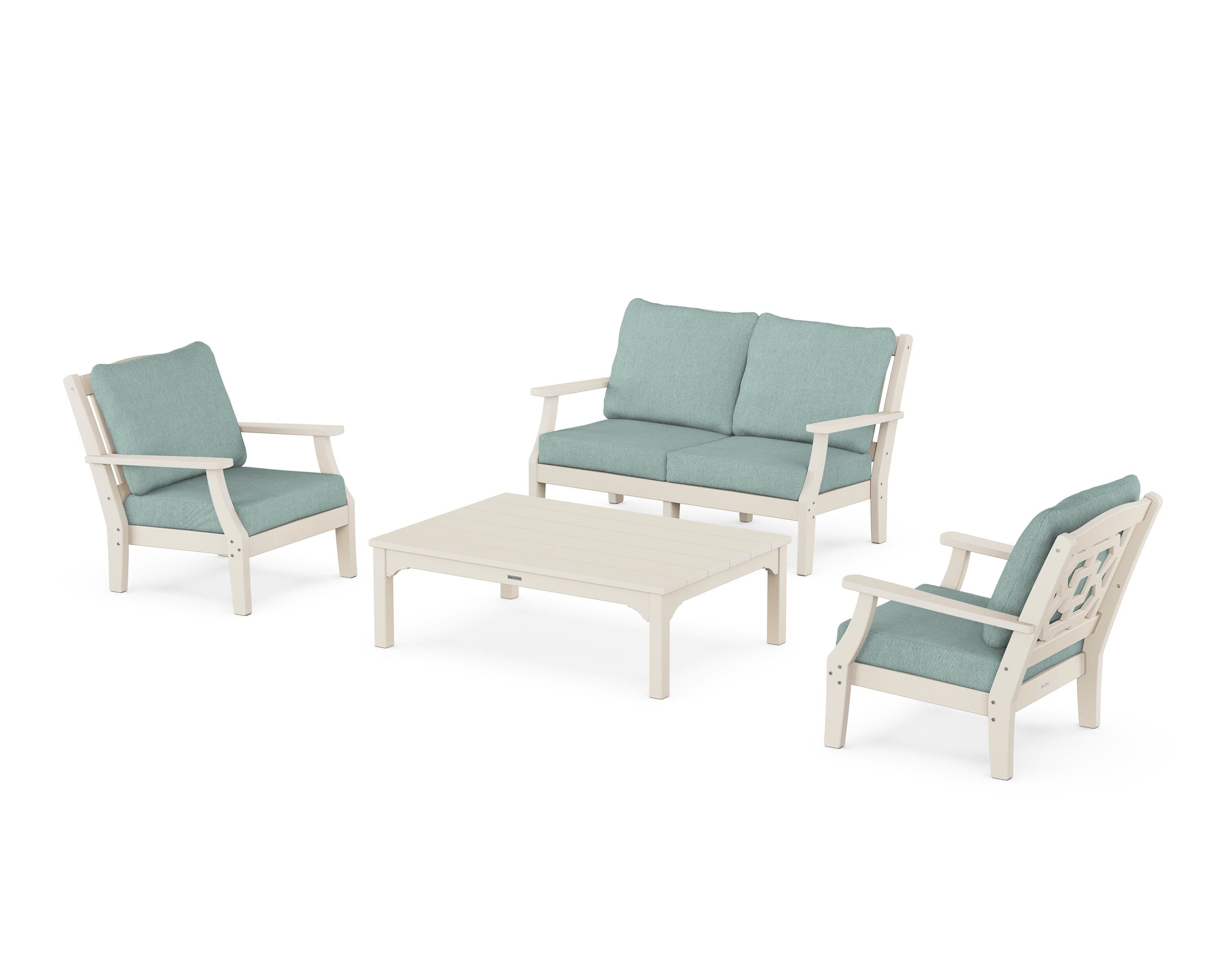 Martha Stewart by POLYWOOD® Chinoiserie 4-Piece Deep Seating Set with Loveseat in Sand / Glacier Spa
