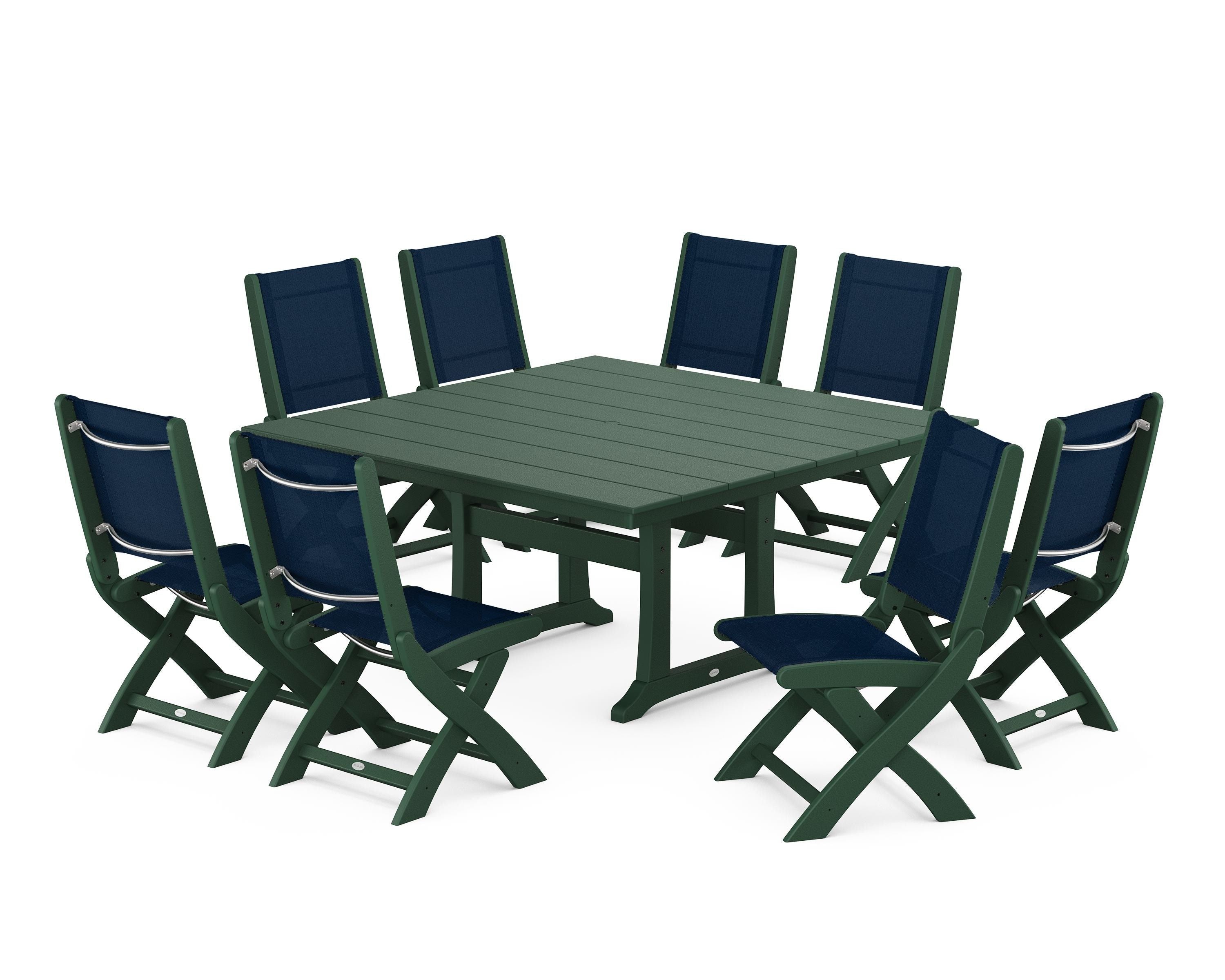 POLYWOOD® Coastal Folding Side Chair 9-Piece Farmhouse Dining Set in Green / Navy Blue Sling