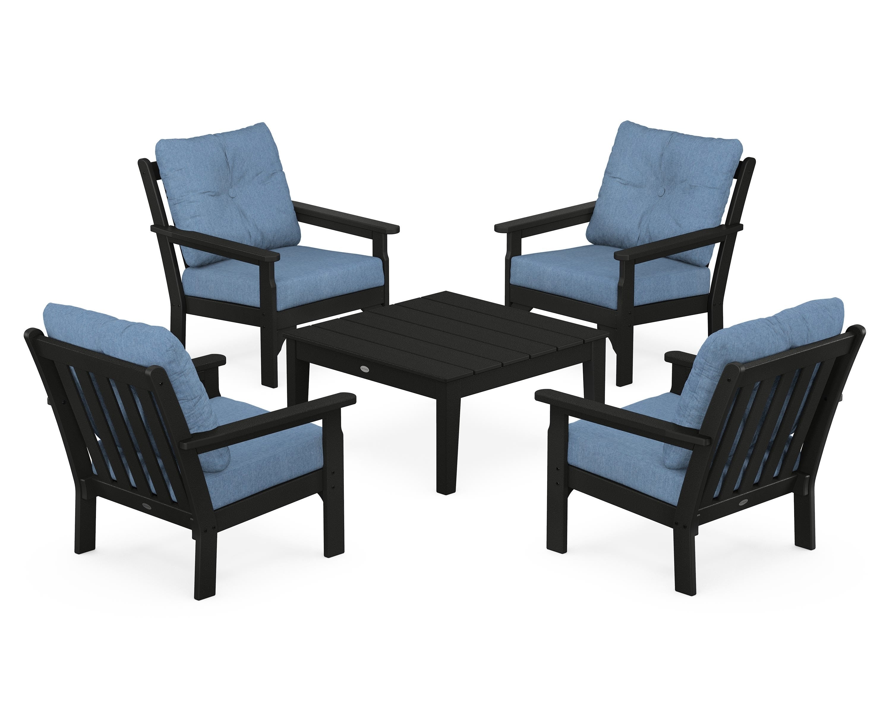 POLYWOOD® Vineyard 5-Piece Deep Seating Conversation Set in Black / Sky Blue