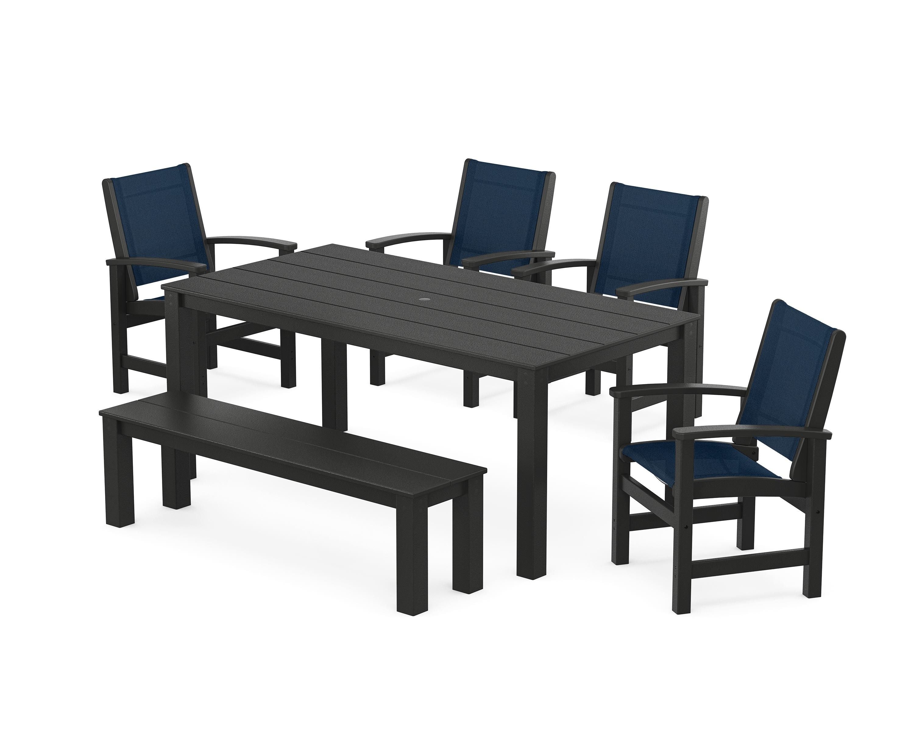 POLYWOOD® Coastal 6-Piece Parsons Dining Set with Bench in Black / Navy Blue Sling