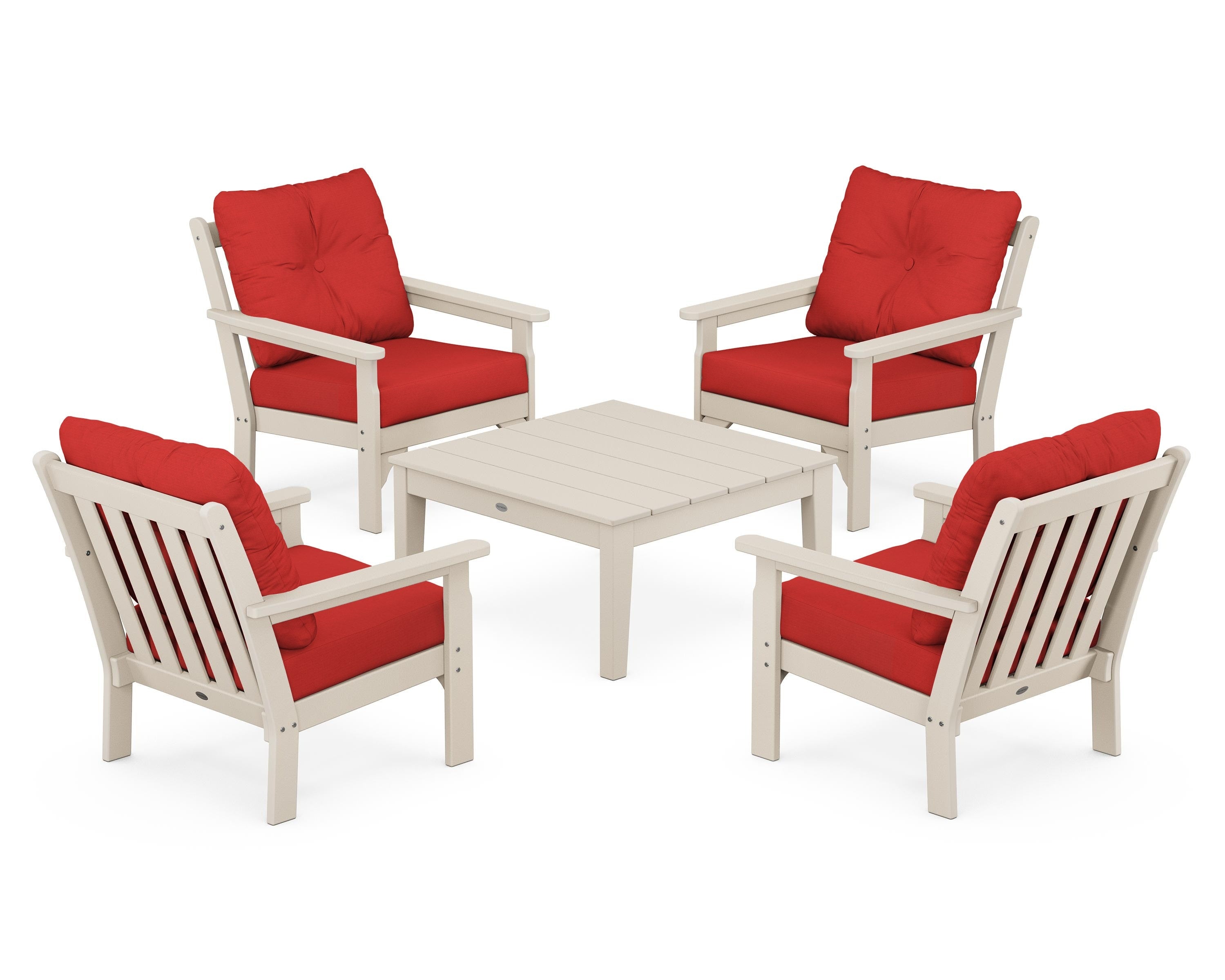 POLYWOOD® Vineyard 5-Piece Deep Seating Conversation Set in Sand / Crimson Linen