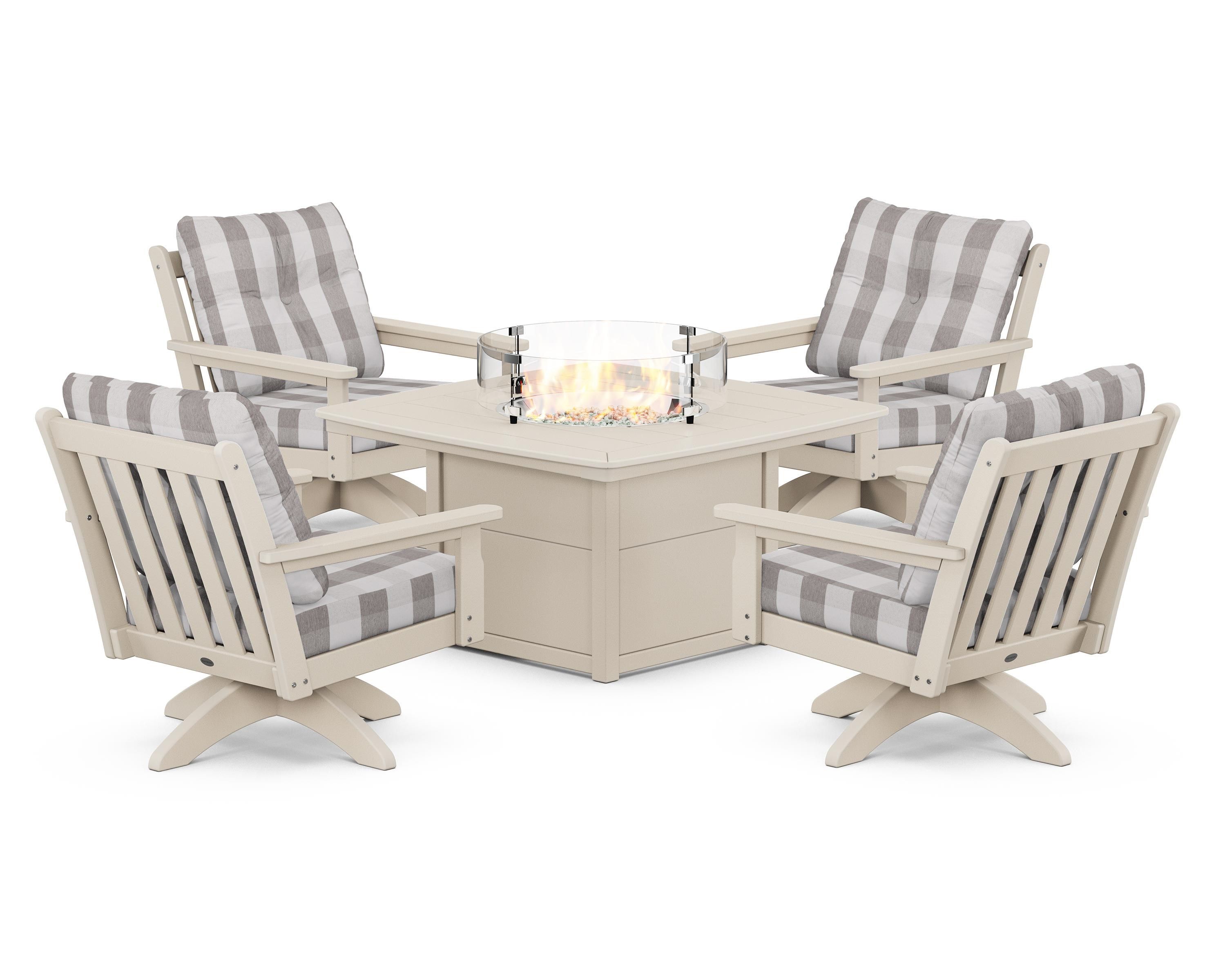 POLYWOOD® Vineyard 5-Piece Deep Seating Swivel Conversation Set with Fire Pit Table in Sand / Buffalo Plaid Grey Mist