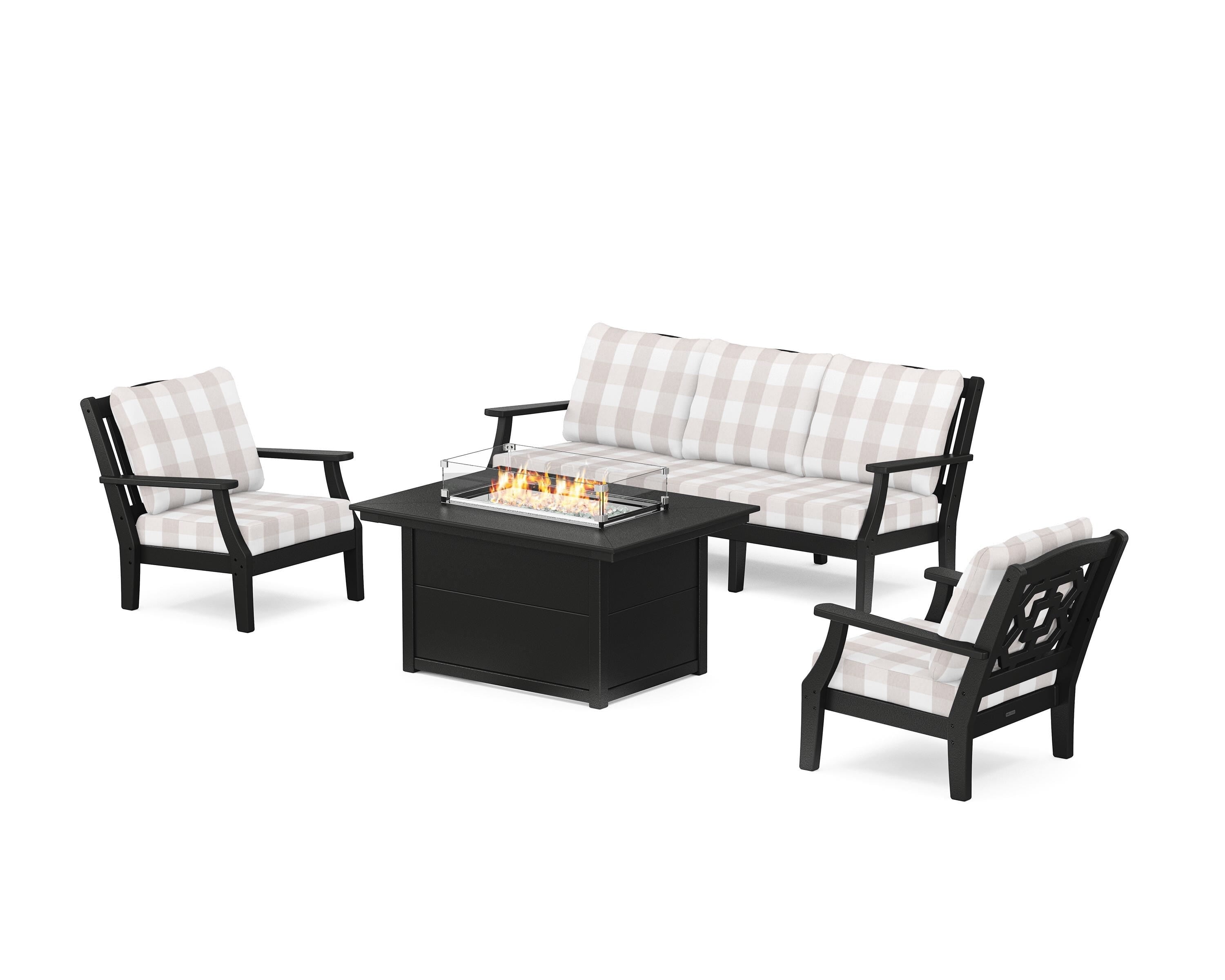 Martha Stewart by POLYWOOD® Chinoiserie Deep Seating Fire Pit Table Set in Black / Buffalo Plaid Dune Burlap