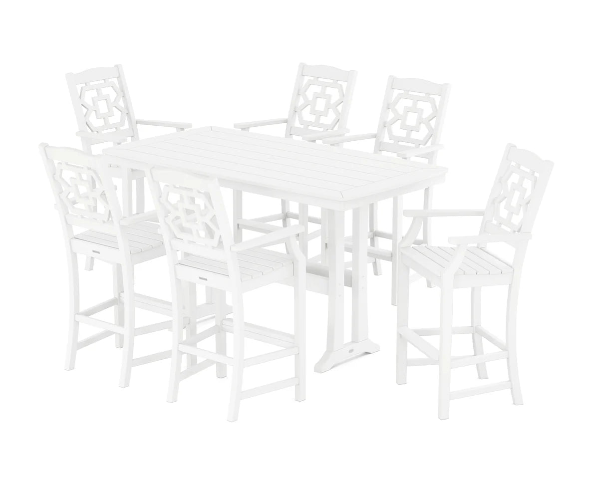 Chinoiserie Arm Chair 7-Piece Bar Set with Trestle Legs