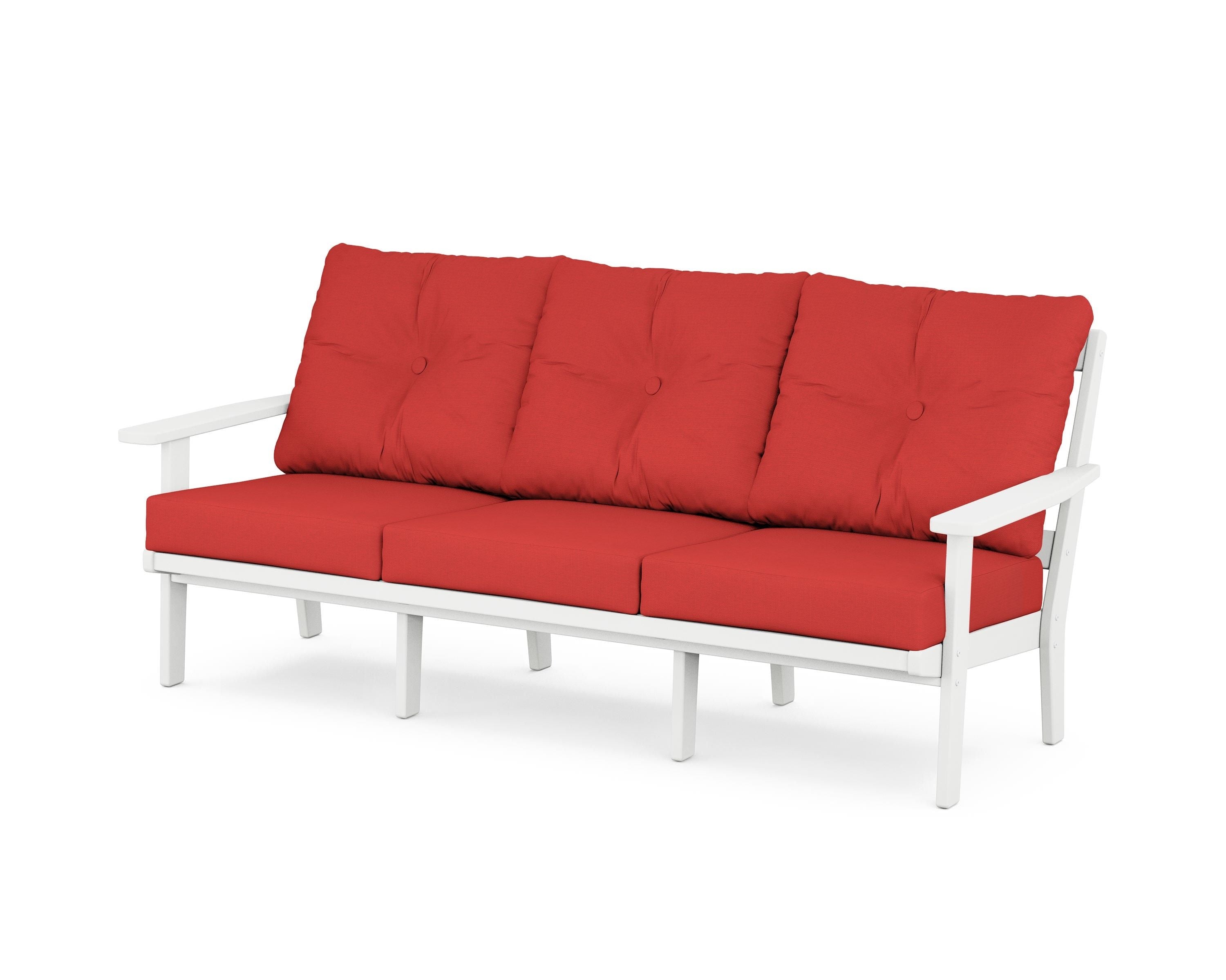 POLYWOOD® Oxford Deep Seating Sofa in White / Crimson Linen