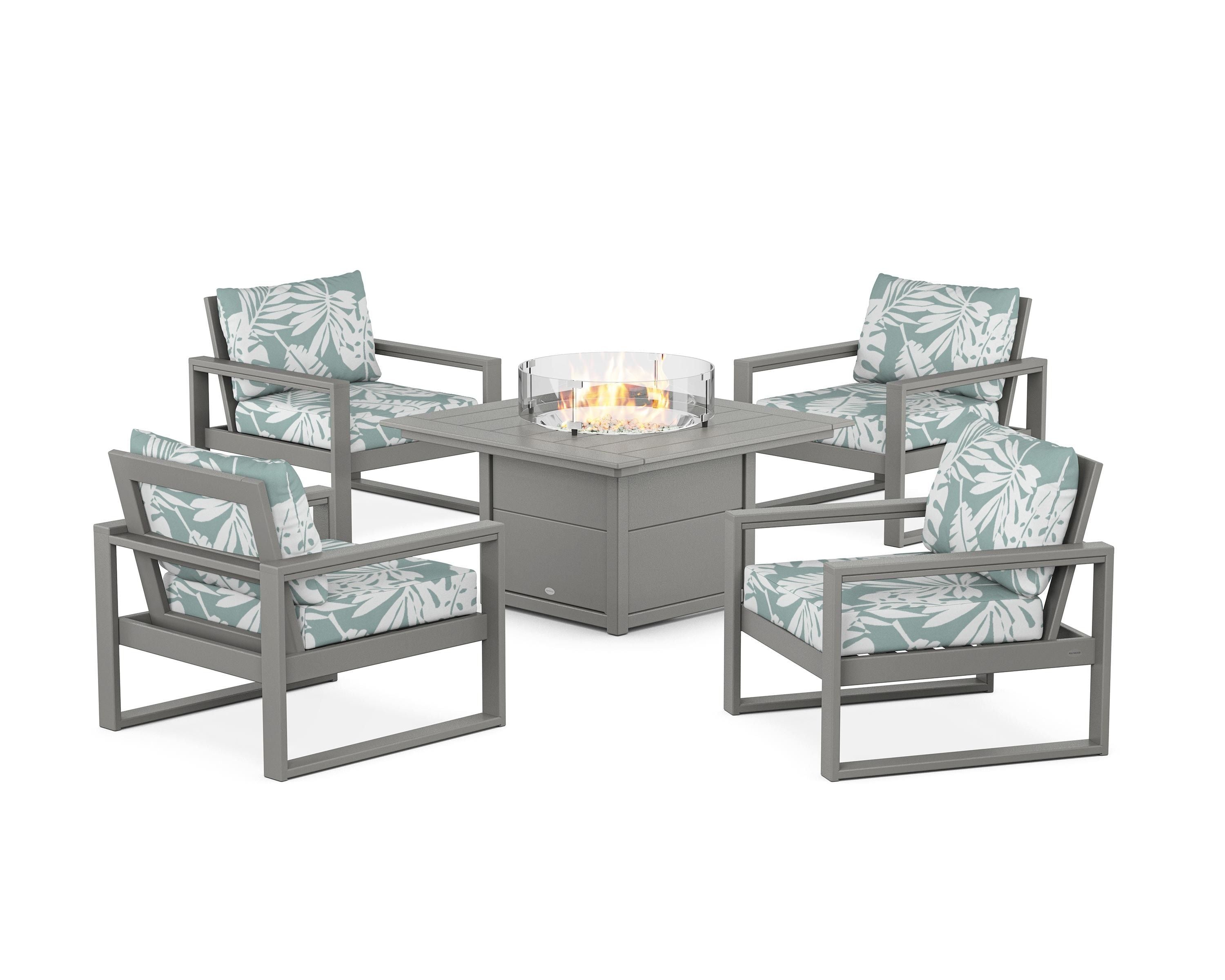 POLYWOOD® EDGE Sectional 5-Piece Deep Seating Set with Fire Pit Table in Slate Grey / Leaf Glacier Spa