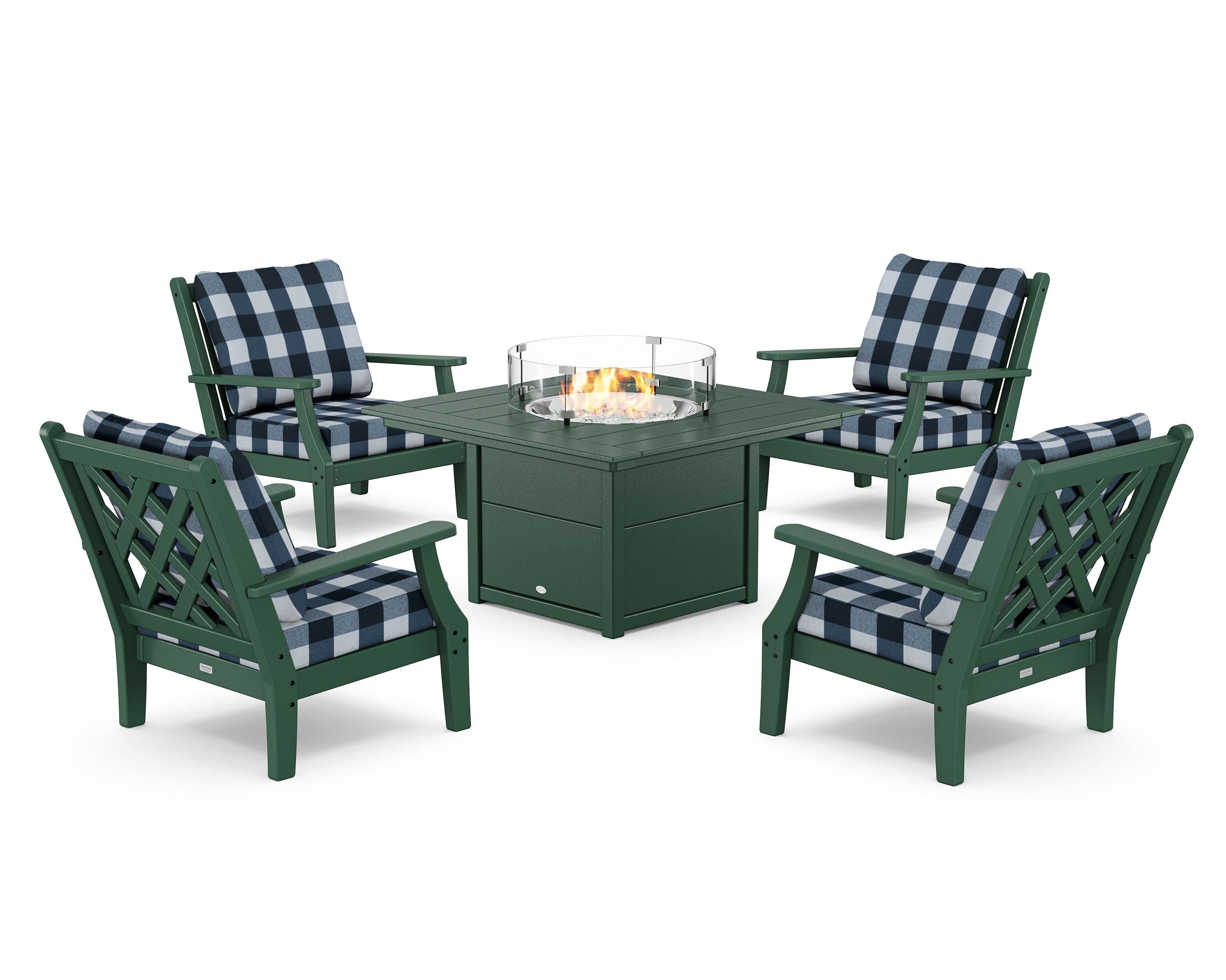 Country Living Wovendale 5-Piece Deep Seating Set with Fire Pit Table in Green / Buffalo Plaid Marine Indigo