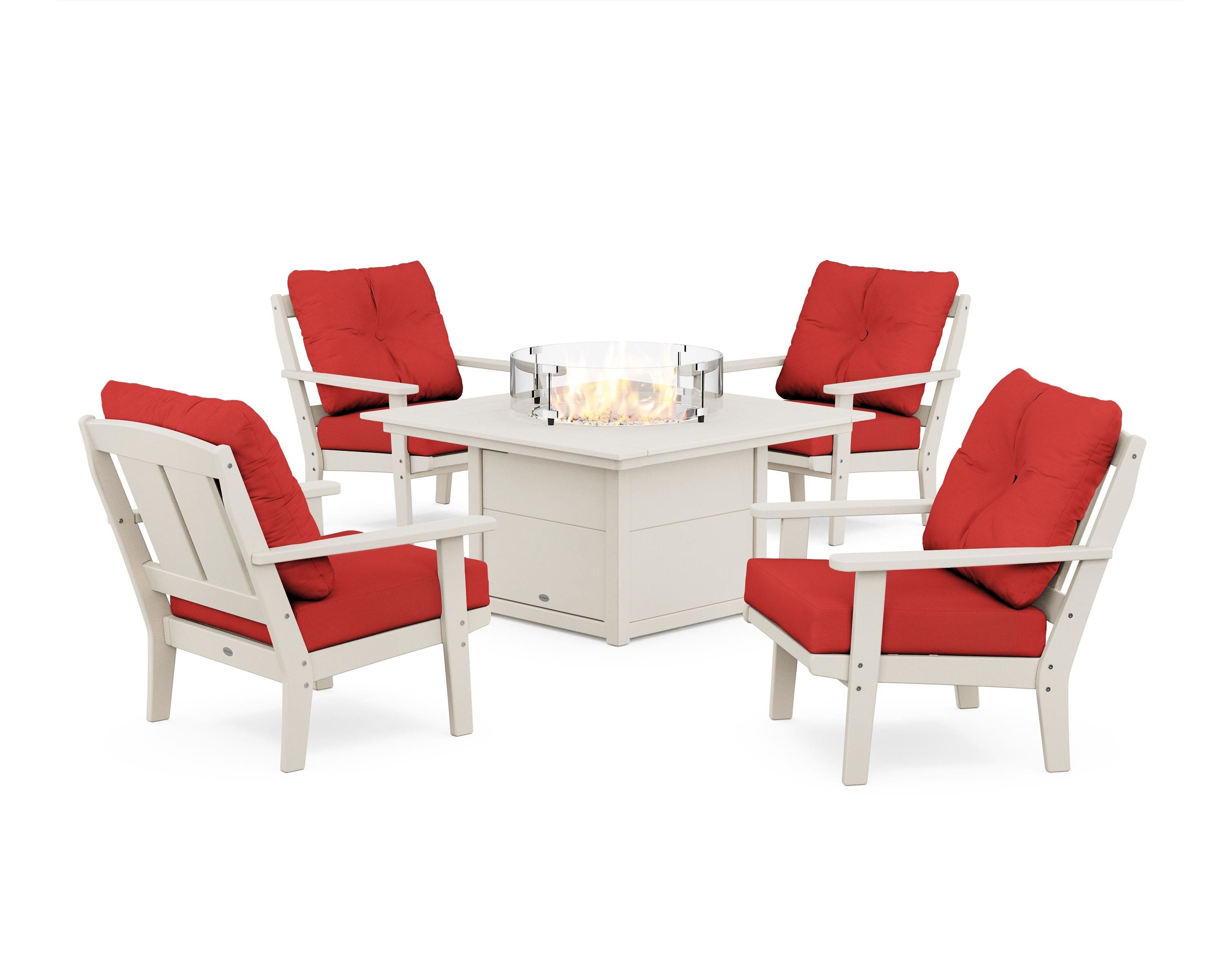 POLYWOOD® Mission 5-Piece Deep Seating Set with Fire Pit Table in Sand / Crimson Linen