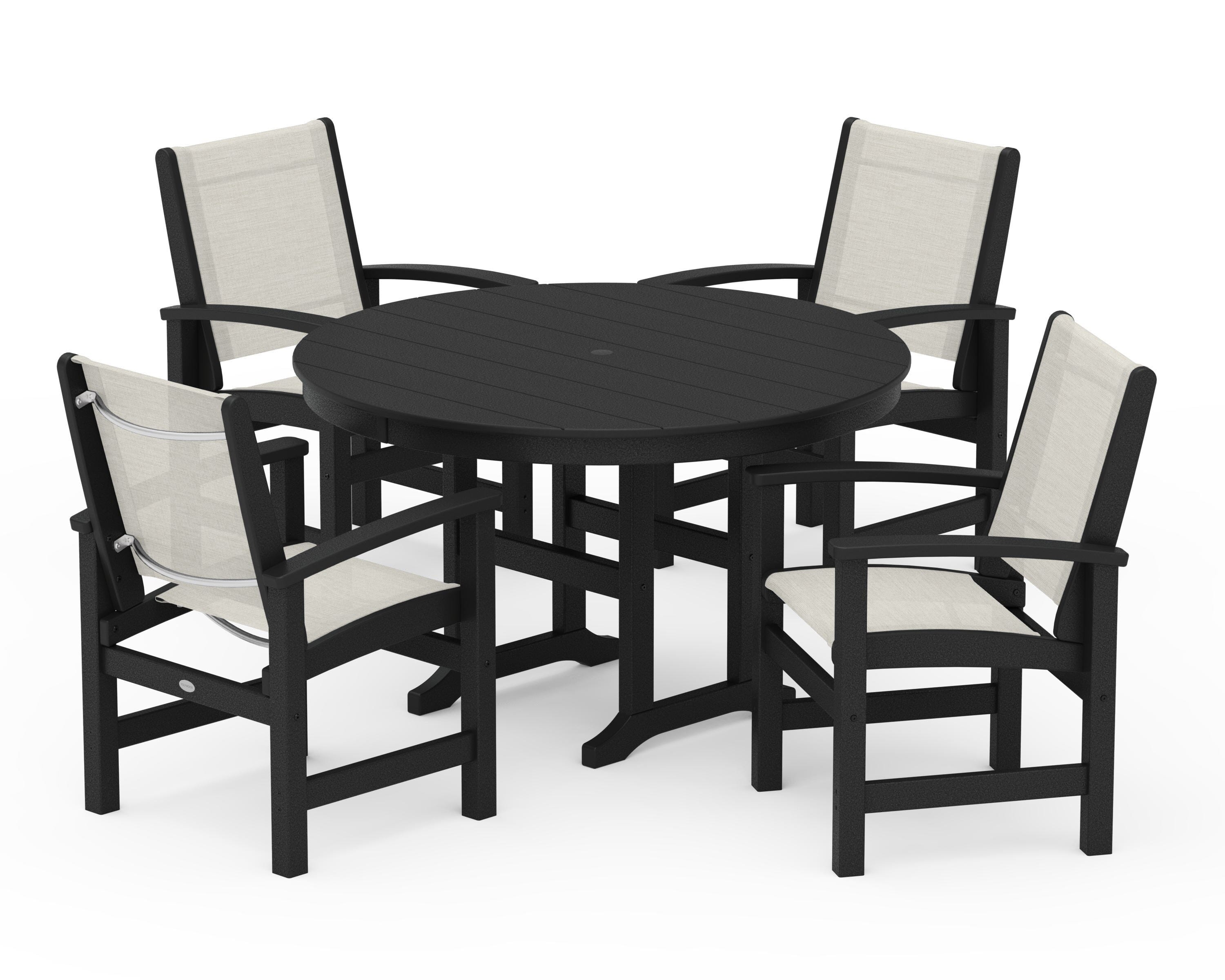 POLYWOOD® Coastal 5-Piece Round Farmhouse Dining Set in Black / Parchment Sling