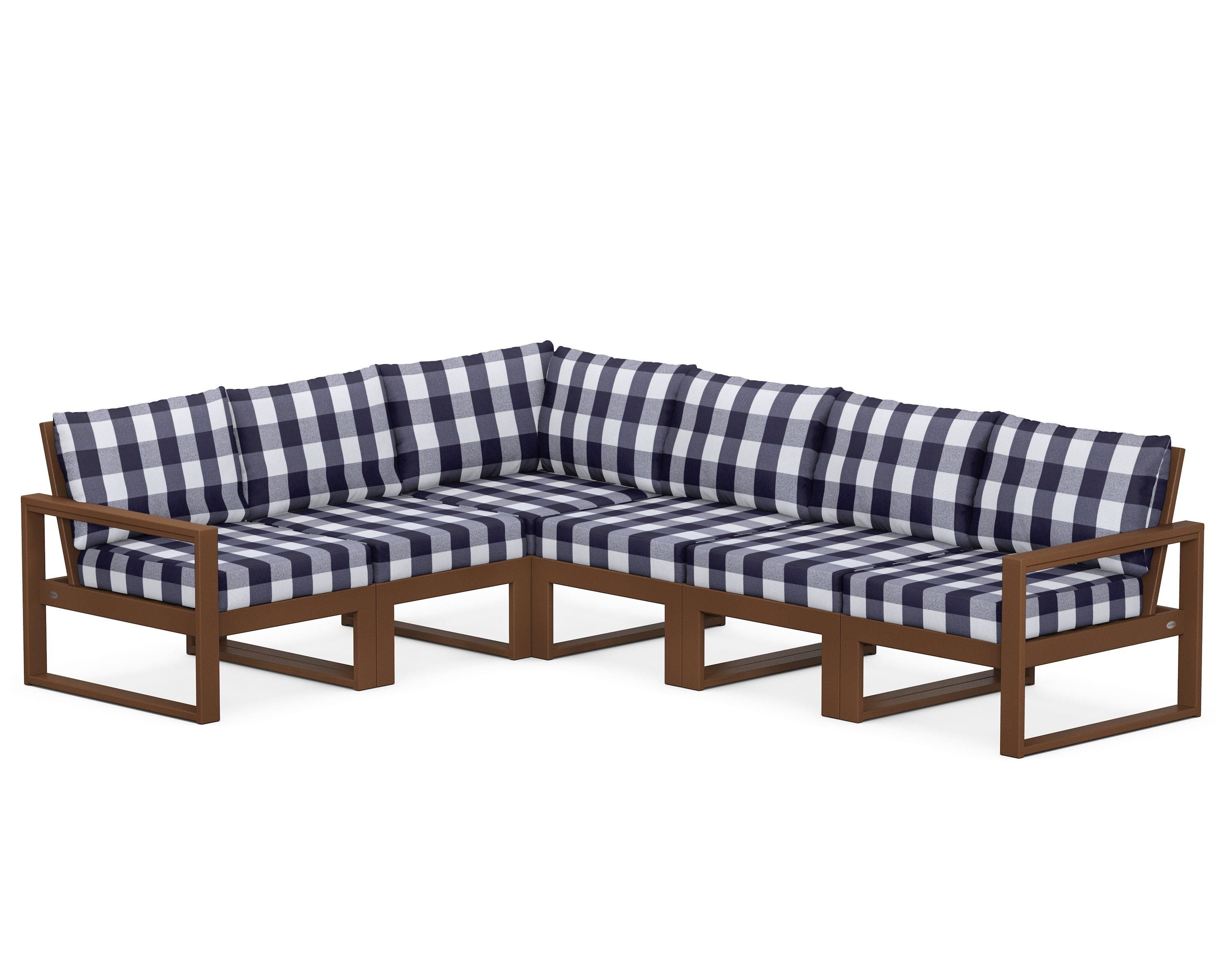 POLYWOOD® EDGE 6-Piece Modular Deep Seating Set in Teak / Buffalo Plaid Navy