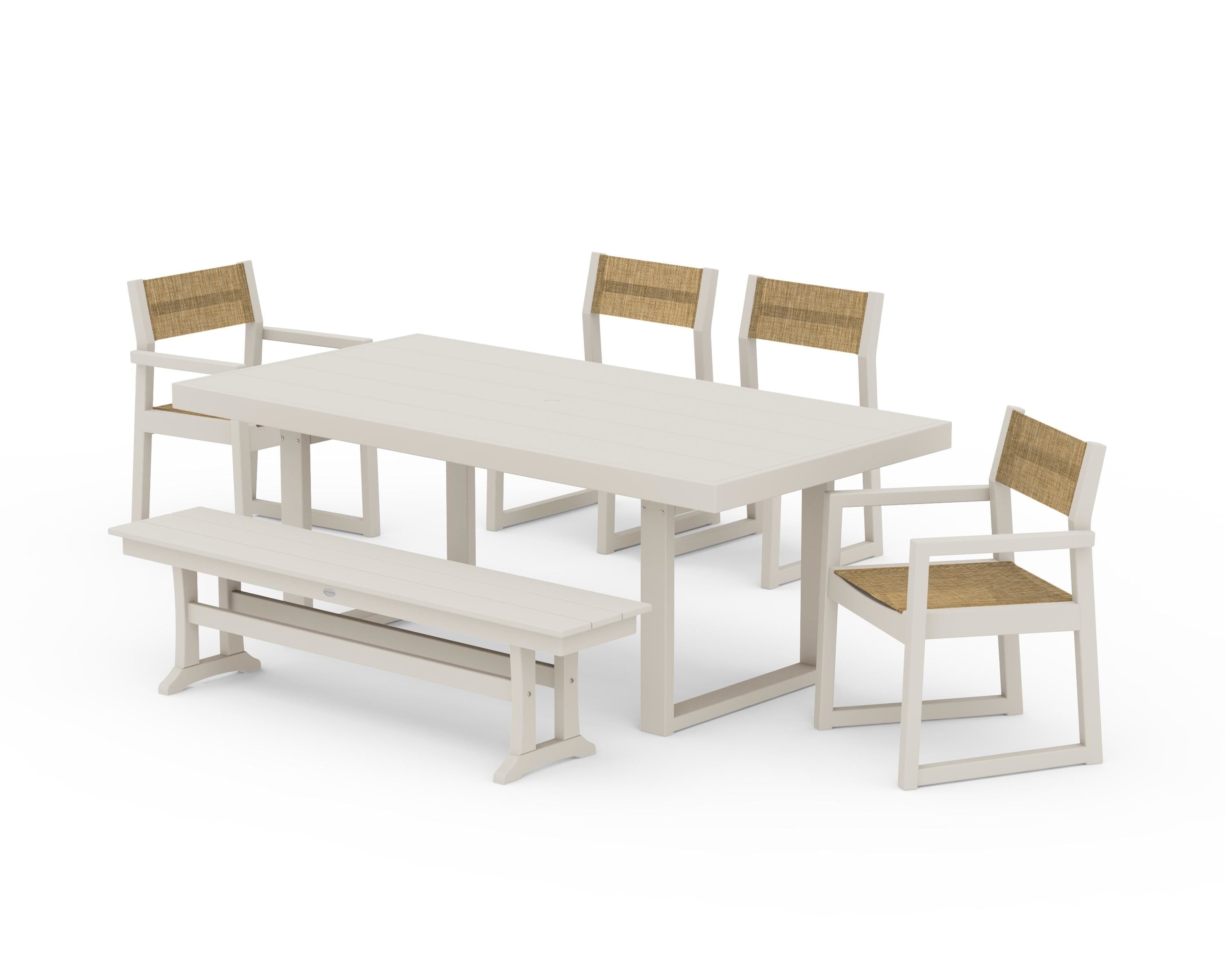 POLYWOOD® EDGE Sling 6-Piece Dining Set with Bench in Sand / Burlap Sling