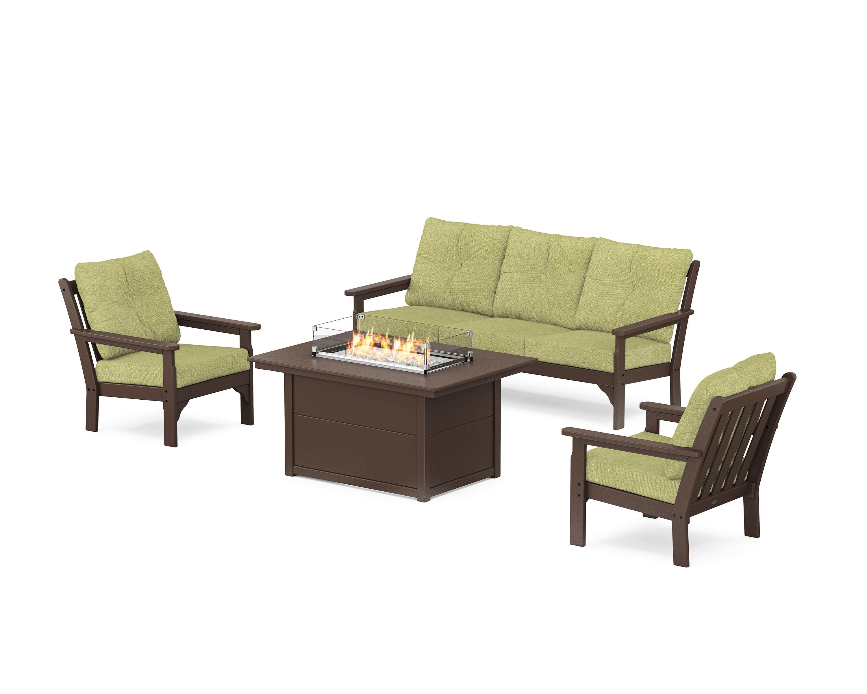 POLYWOOD® Vineyard Deep Seating Fire Pit Table Set in Mahogany / Chartreuse Boucle
