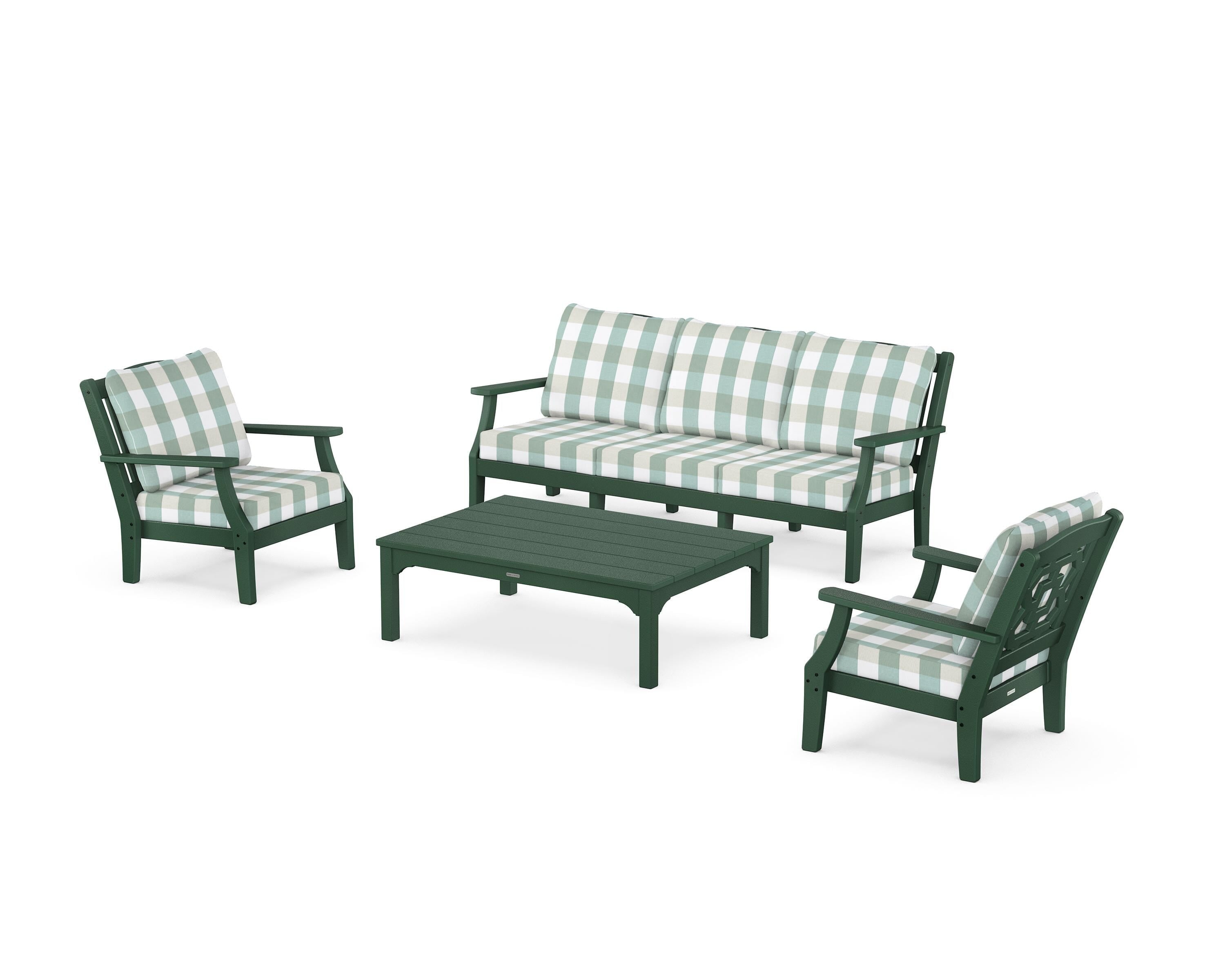 Martha Stewart by POLYWOOD® Chinoiserie 4-Piece Deep Seating Set with Sofa in Green / Buffalo Plaid Glacier Spa